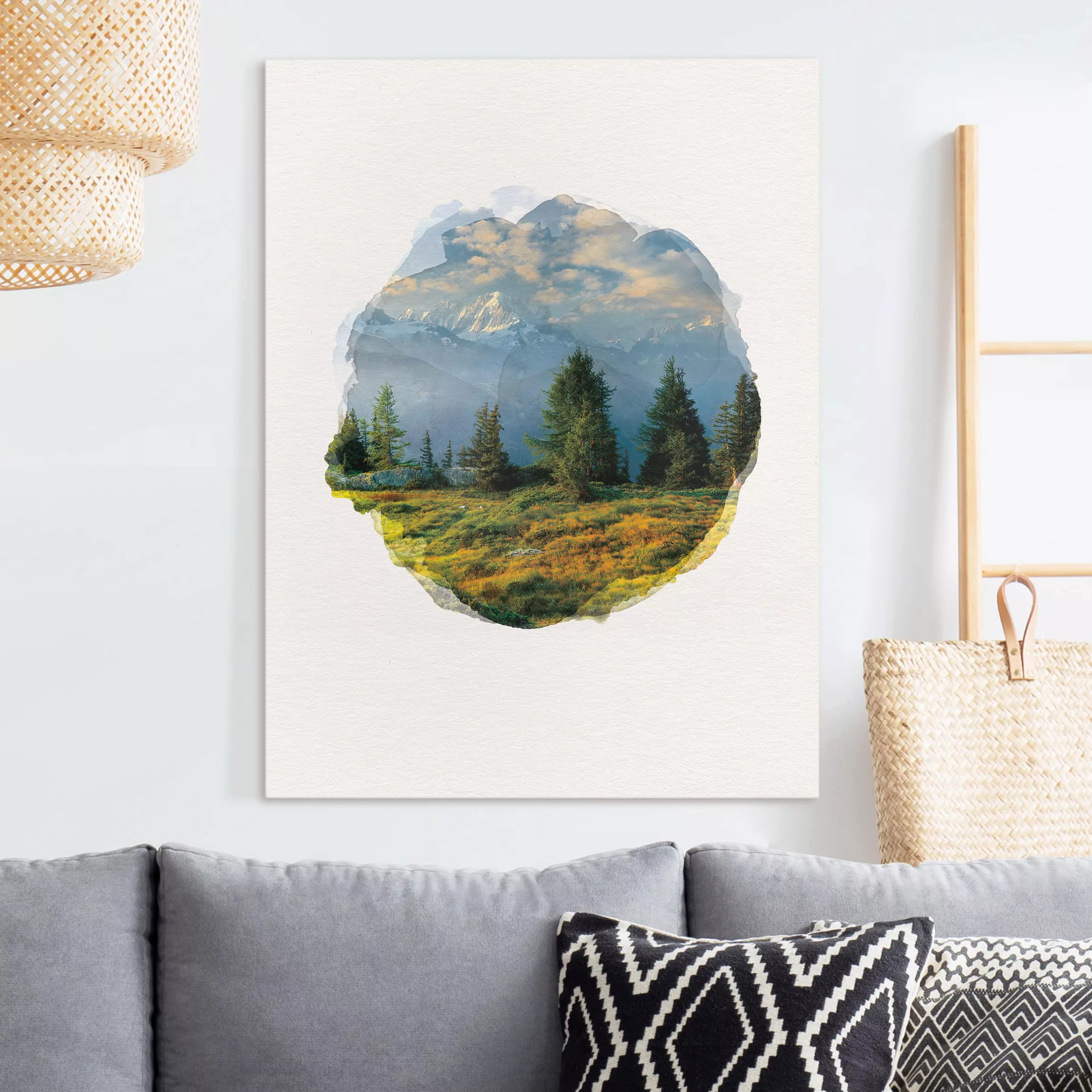 Leinwandbild Berge - Hochformat Wasserfarben - Émosson Wallis Schweiz günstig online kaufen