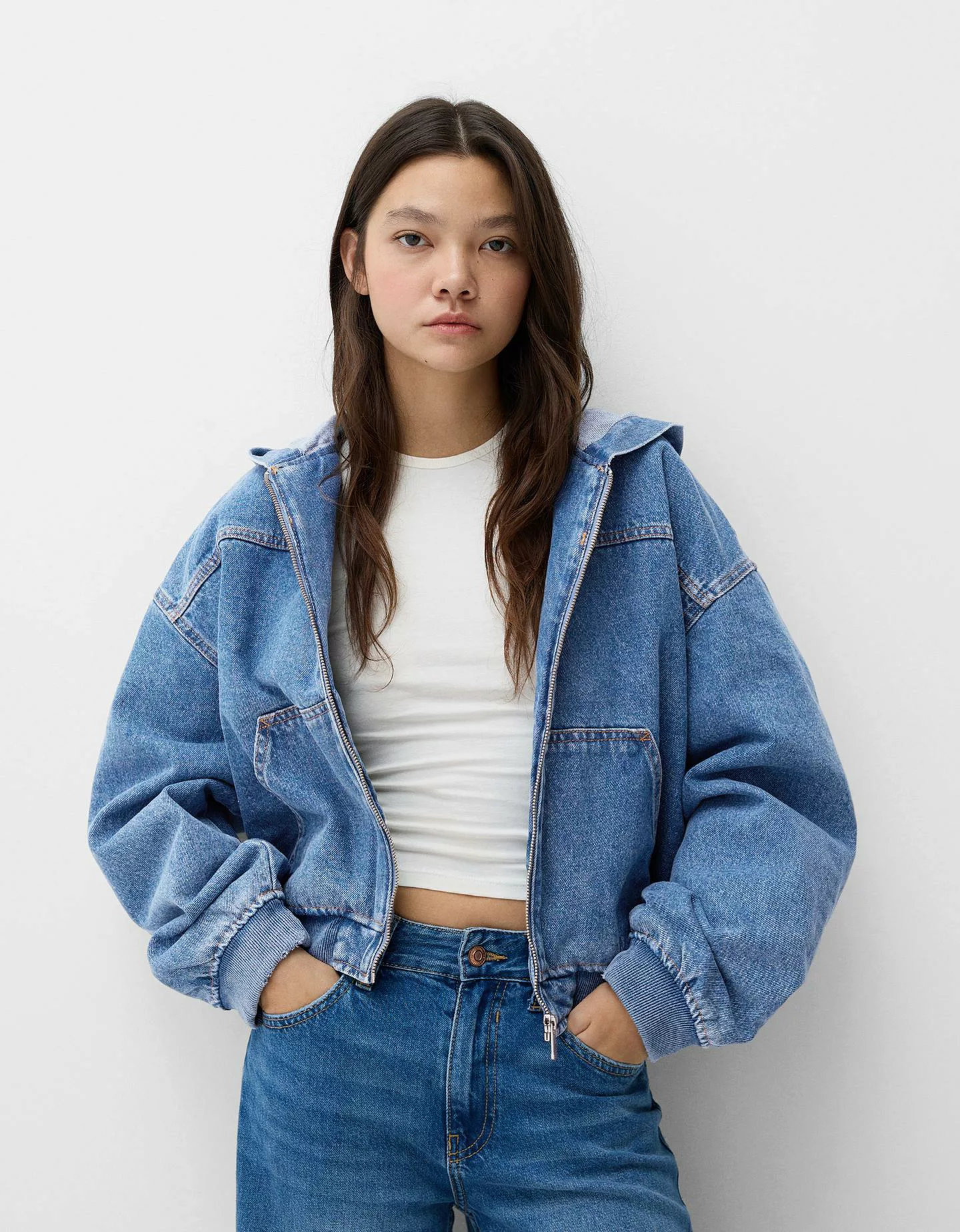 Bershka Jeansjacke Mit Kapuze Damen M Ausgewaschenes Blau günstig online kaufen