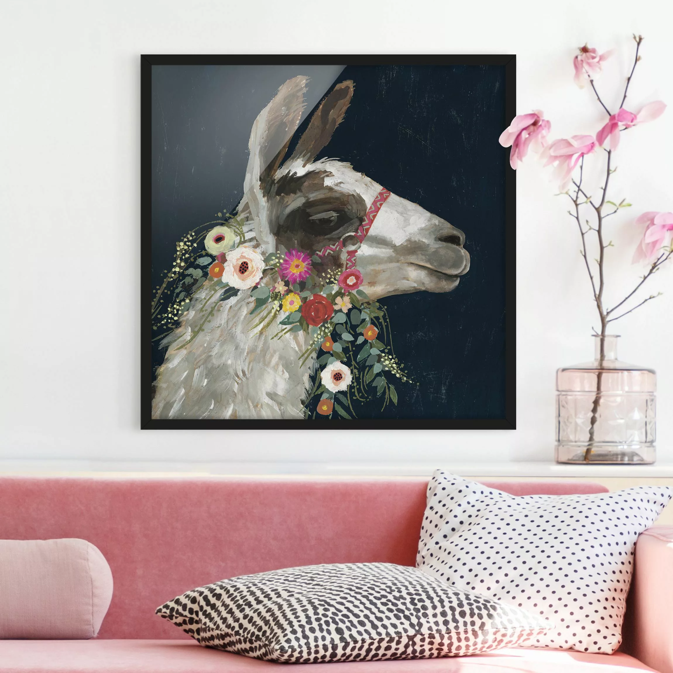 Bild mit Rahmen Tiere - Quadrat Lama mit Blumenschmuck I günstig online kaufen