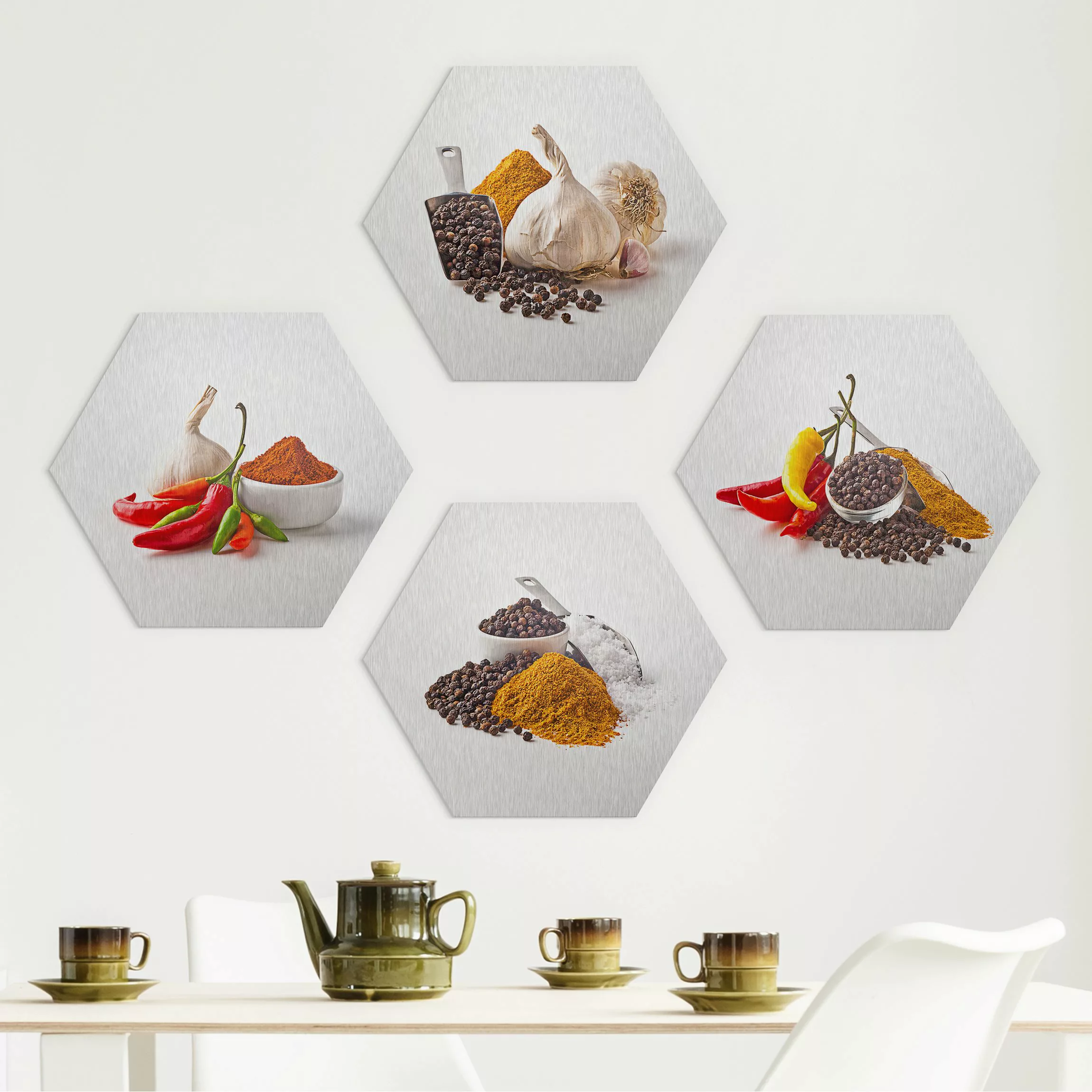 4-teiliges Hexagon-Alu-Dibond Bild Chili Knoblauch und Gewürz - Sets günstig online kaufen
