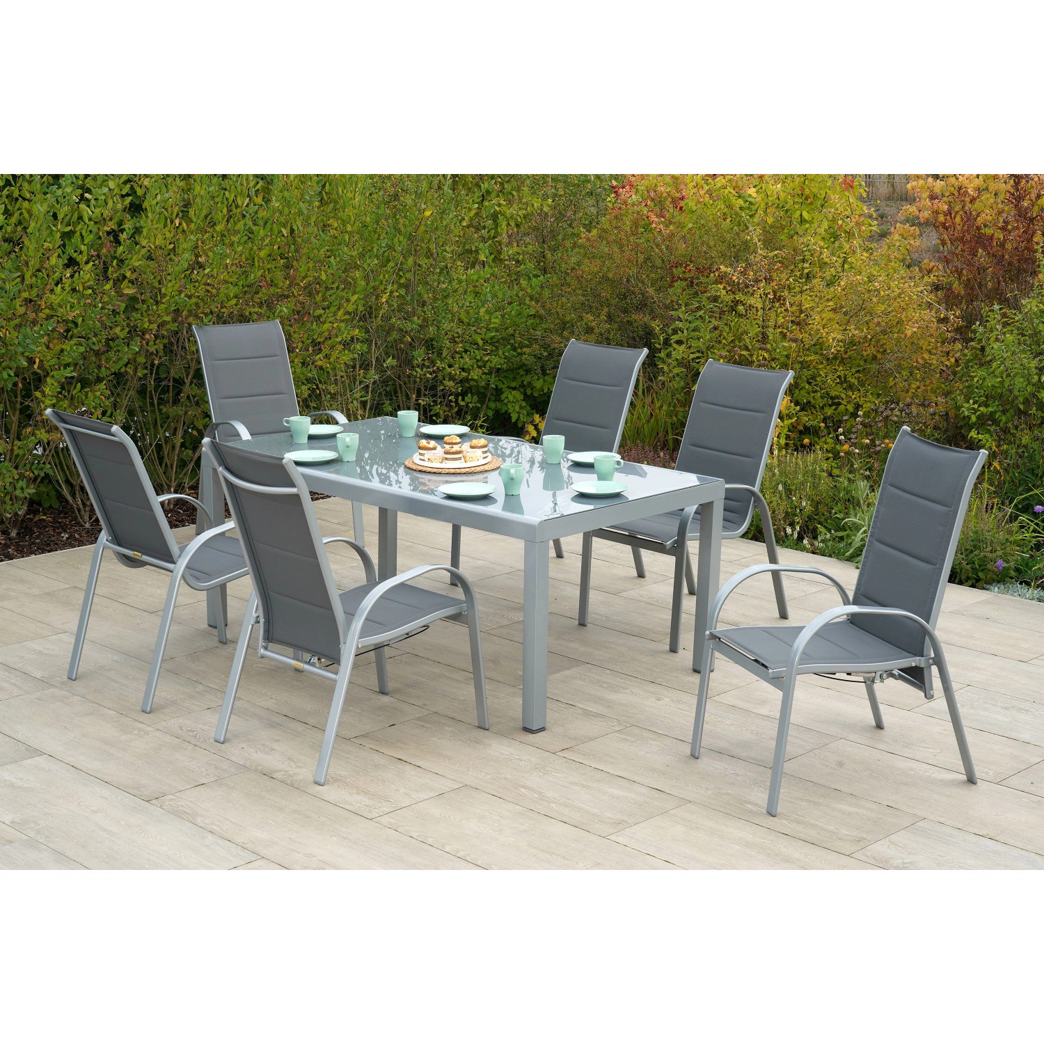 Merxx Amalfi Set 7 -tlg. 6 Stapelsessel Gartentisch 190 x 100 cm günstig online kaufen