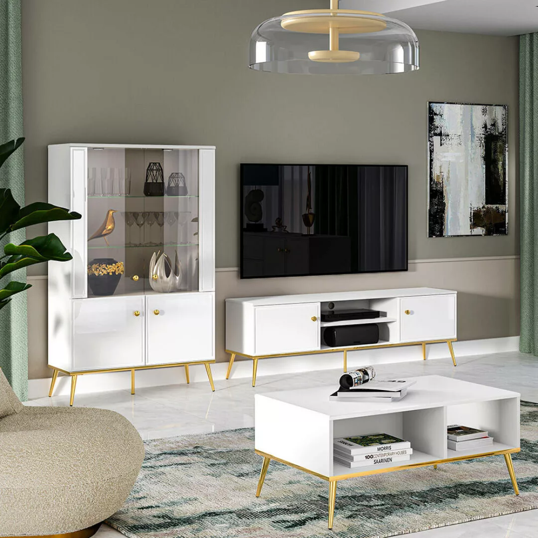 Wohnzimmer Möbel Set in Hochglanz weiß GUBIN-131 im edlen Design mit goldfa günstig online kaufen