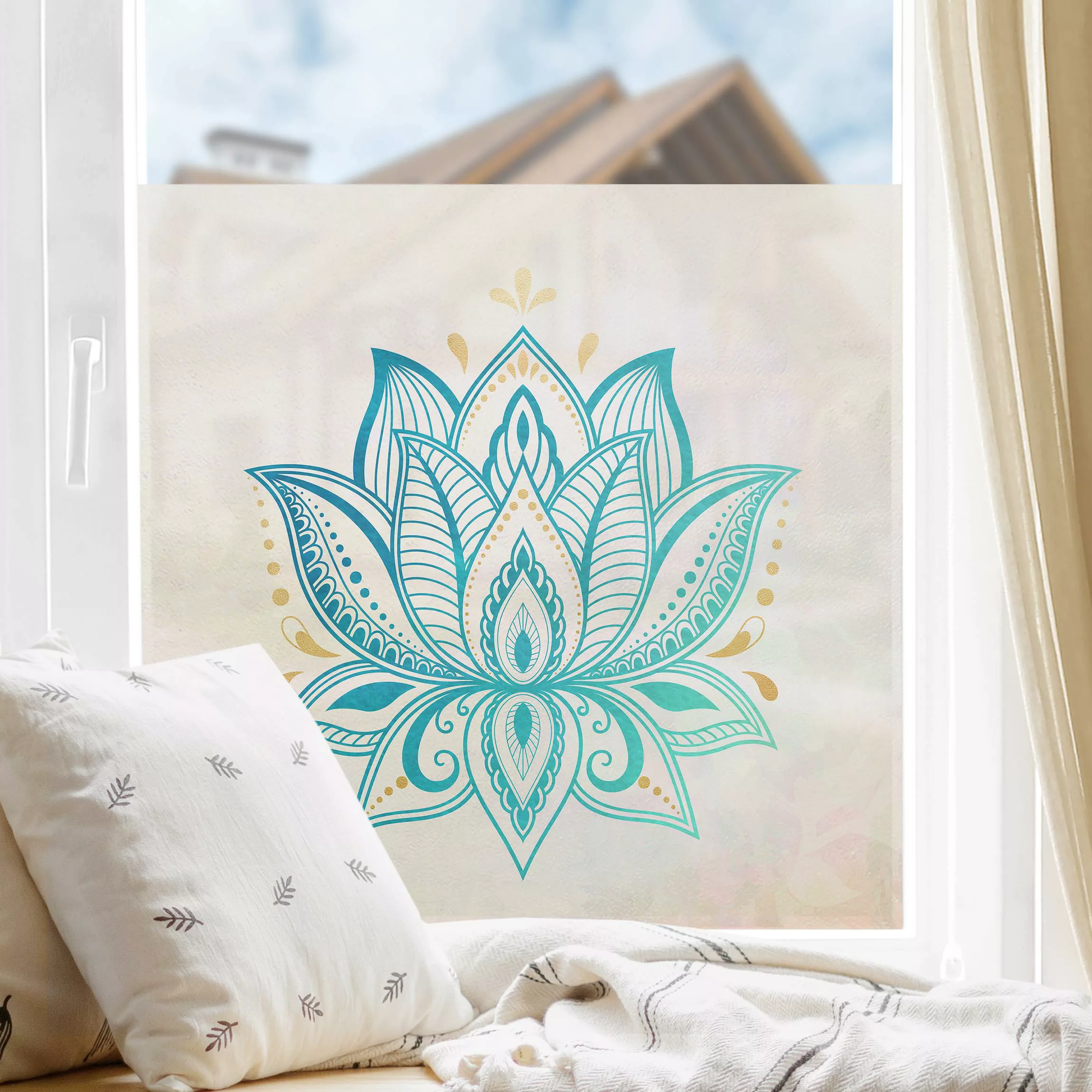 Fensterfolie Lotus Illustration Mandala gold blau günstig online kaufen