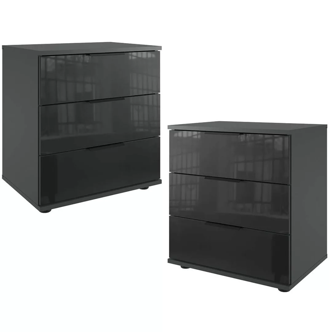 Nachtschrank 2er Set 58cm hoch, graphit mit schwarzem Glas, STRATFORD-43 günstig online kaufen