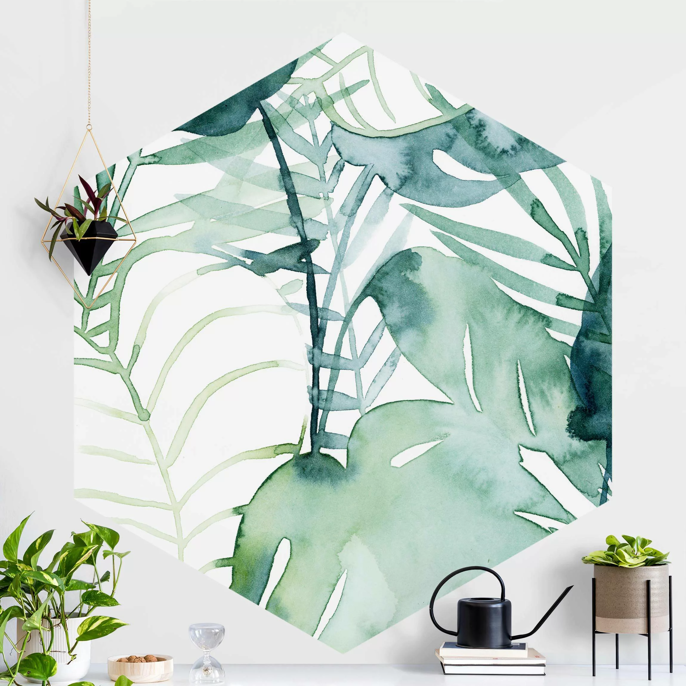 Hexagon Fototapete selbstklebend Palmwedel in Wasserfarbe II günstig online kaufen