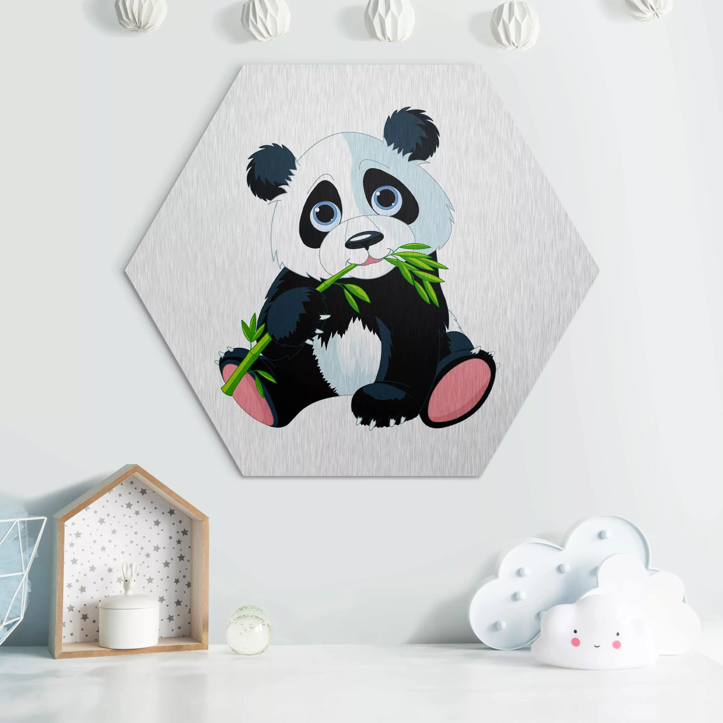 Hexagon-Alu-Dibond Bild Tiere Naschender Panda günstig online kaufen