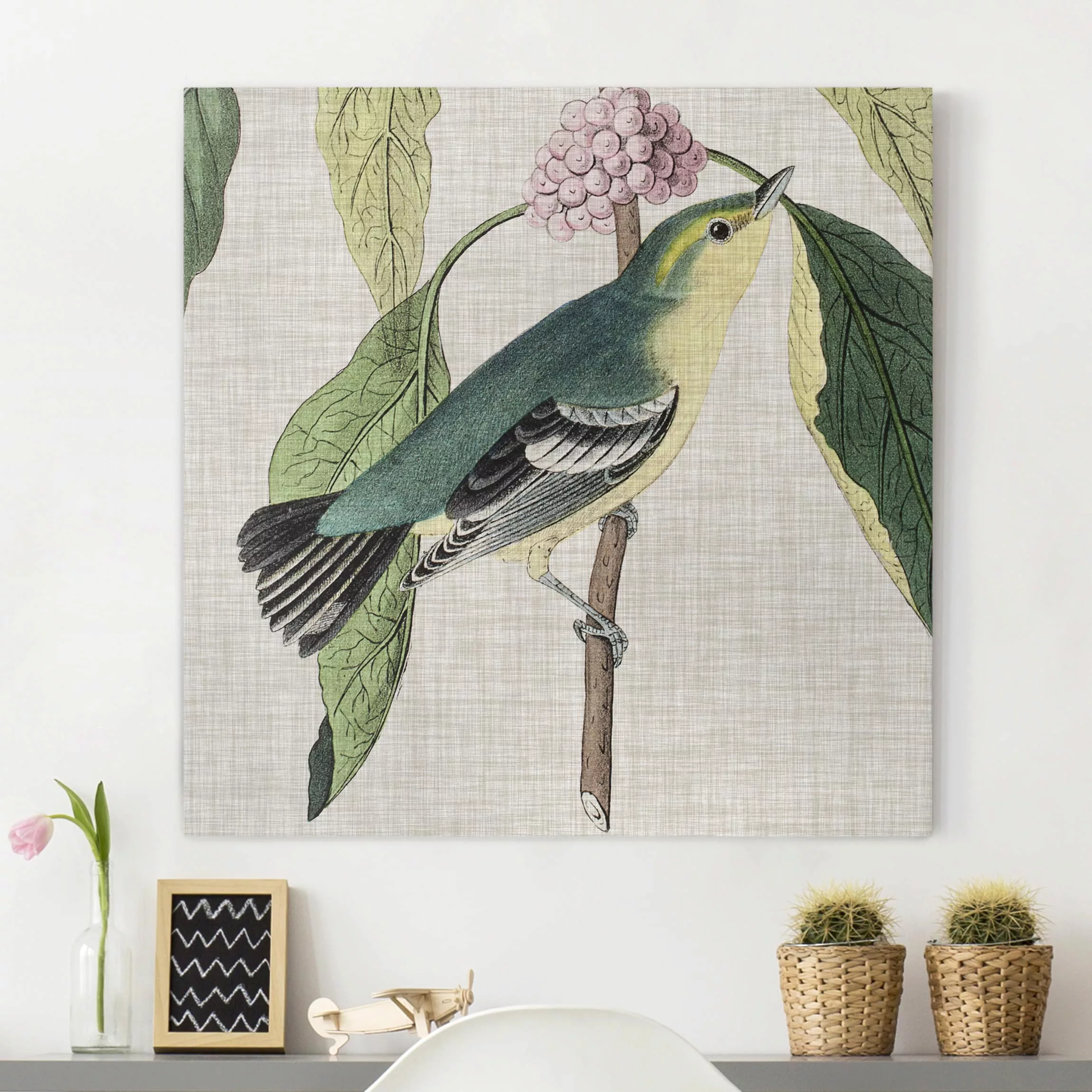 Leinwandbild Blumen - Quadrat Vogel auf Leinen Rosa I günstig online kaufen