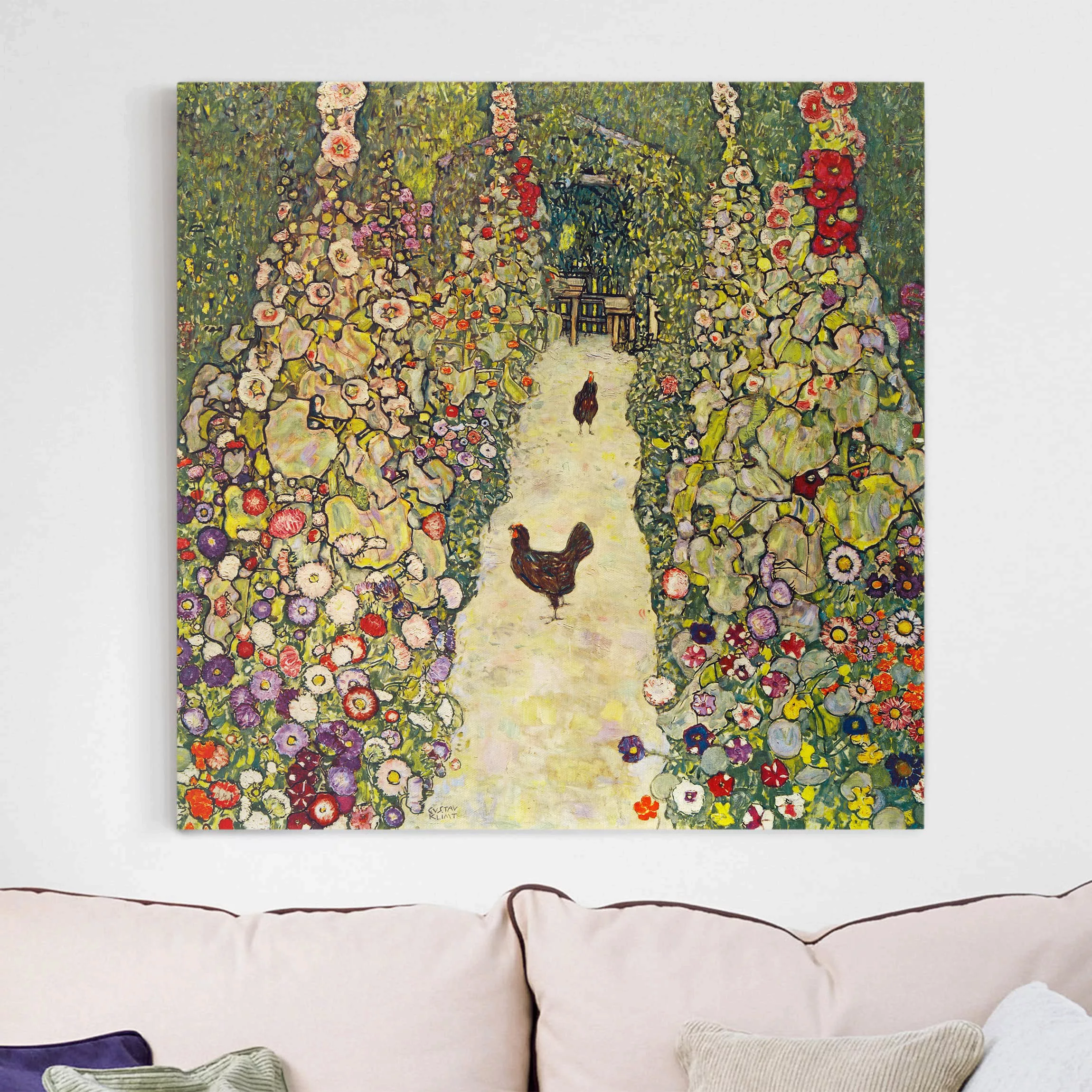 Leinwandbild Kunstdruck - Quadrat Gustav Klimt - Gartenweg mit Hühnern günstig online kaufen