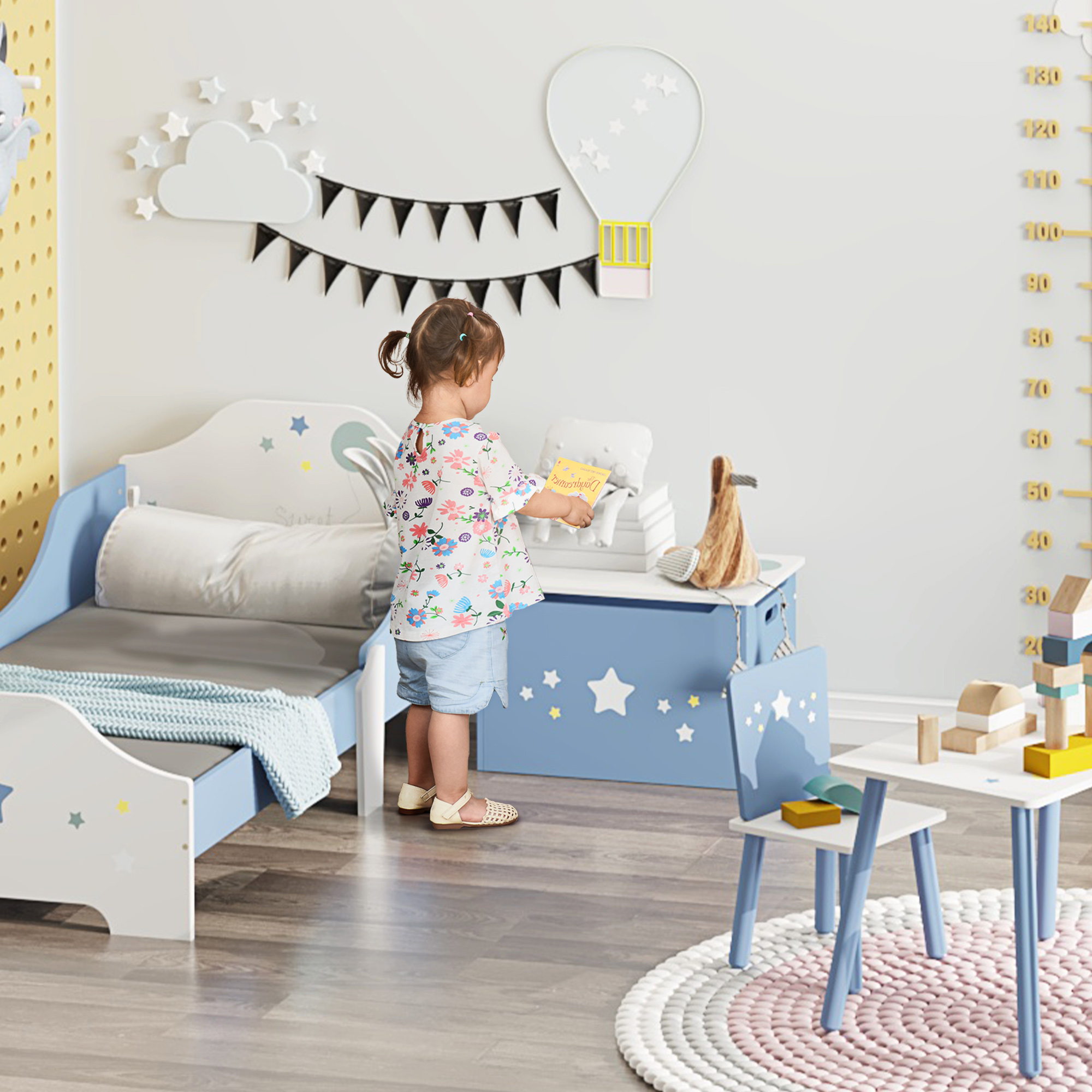HOMCOM Spielzeugtruhe Spielzeugkiste aus Holz in Blau und Weiß, Kinderbank günstig online kaufen