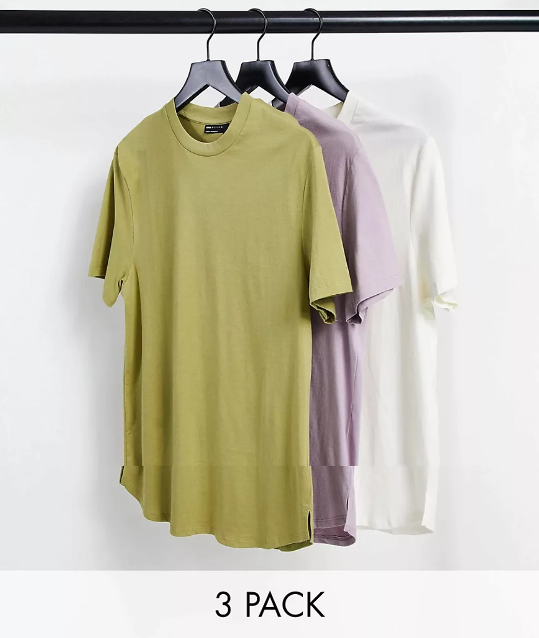 ASOS DESIGN – Lang geschnittene T-Shirts mit seitlichen Schlitzen im 3er-Pa günstig online kaufen