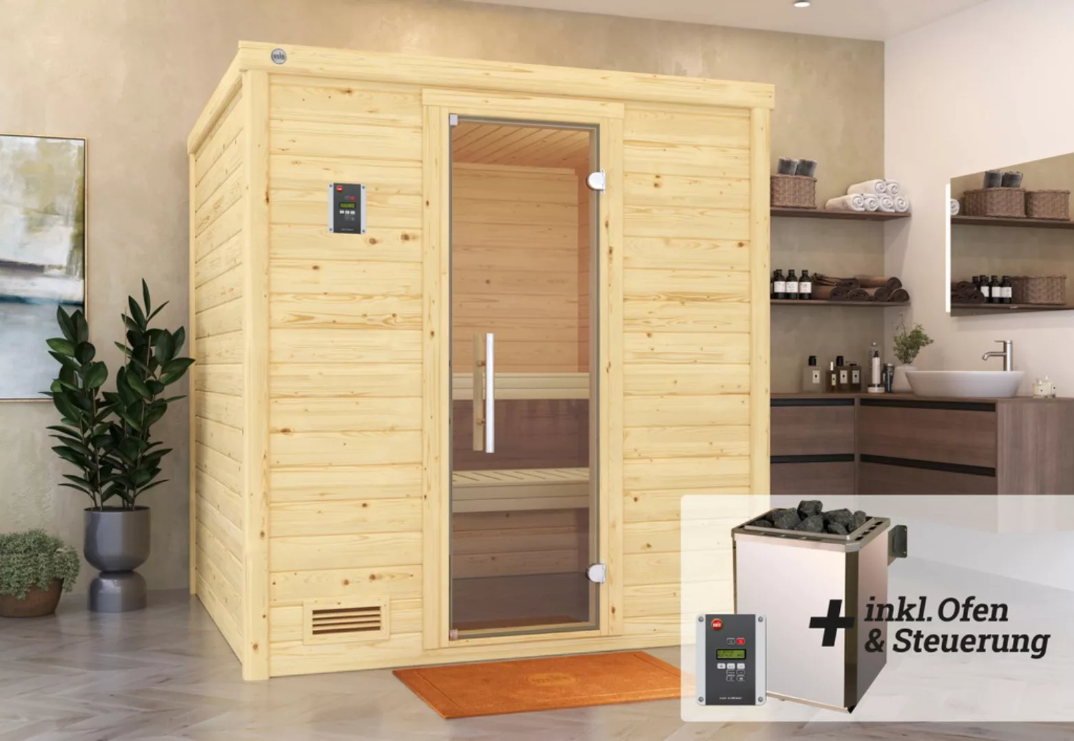 Weka Premium Massivholz-Sauna Bergen 1 Sparset 7,5 kW OS digi. Steuerung günstig online kaufen