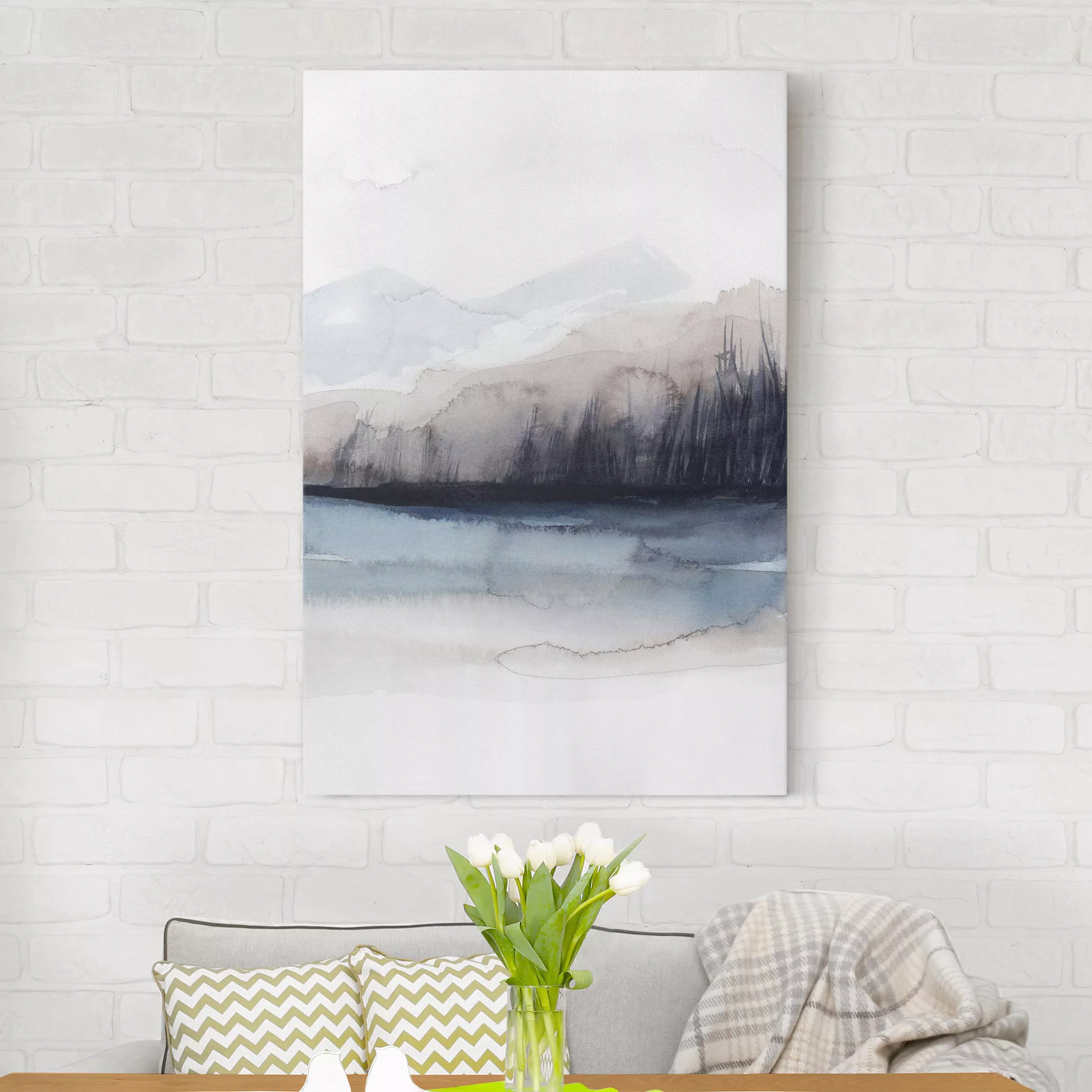 Leinwandbild Abstrakt - Hochformat Seeufer mit Bergen I günstig online kaufen