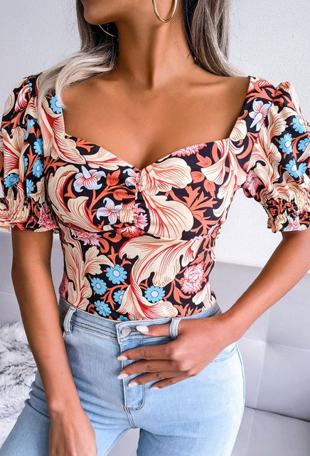 CHENIN Kurzarmhemd Damen Square Neck Floral Chiffon Bluse Top T-Shirt mit k günstig online kaufen