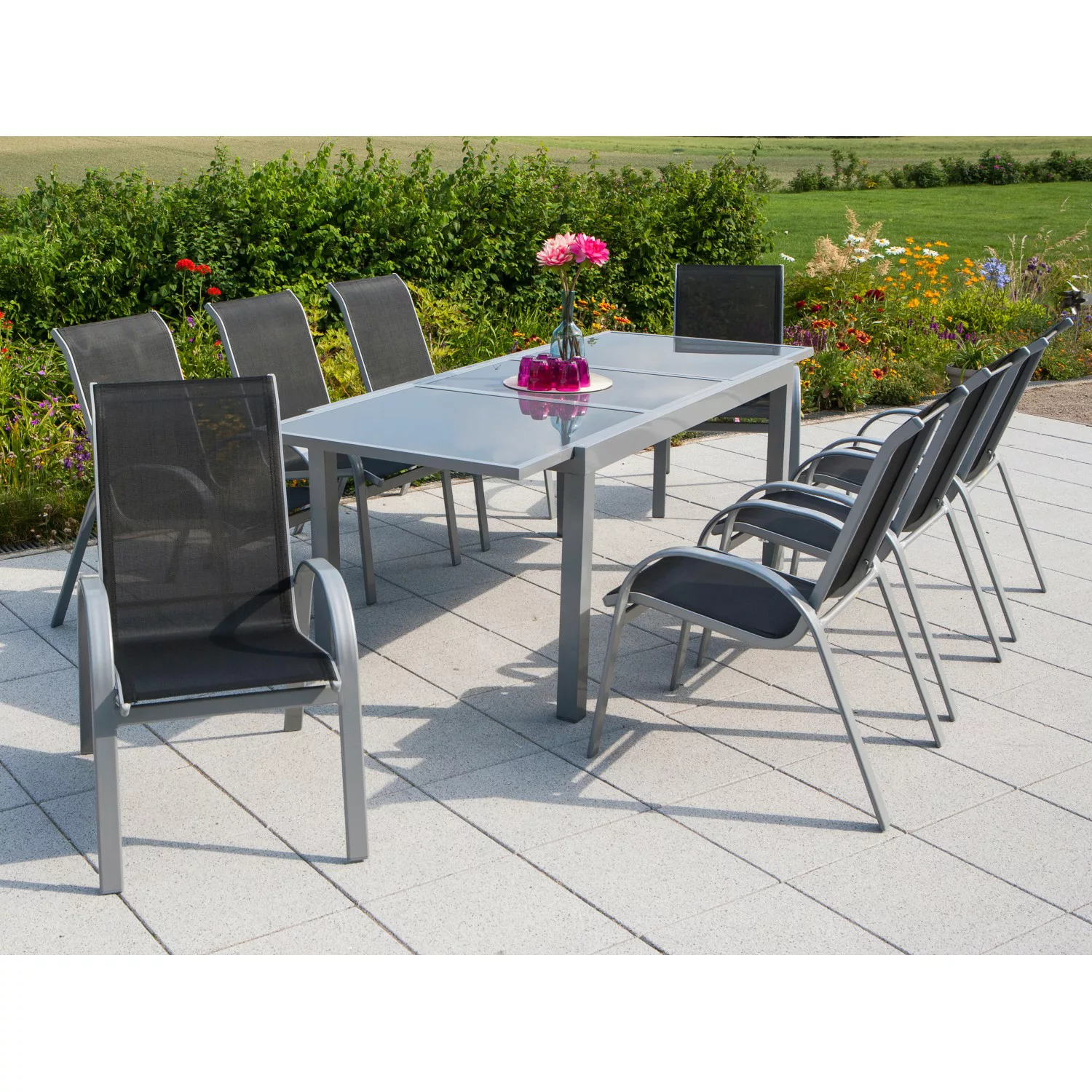 Merxx Gartenmöbel-Set Amalfi 9-tlg. Schwarz mit Ausziehtisch 180/240 x 100 günstig online kaufen