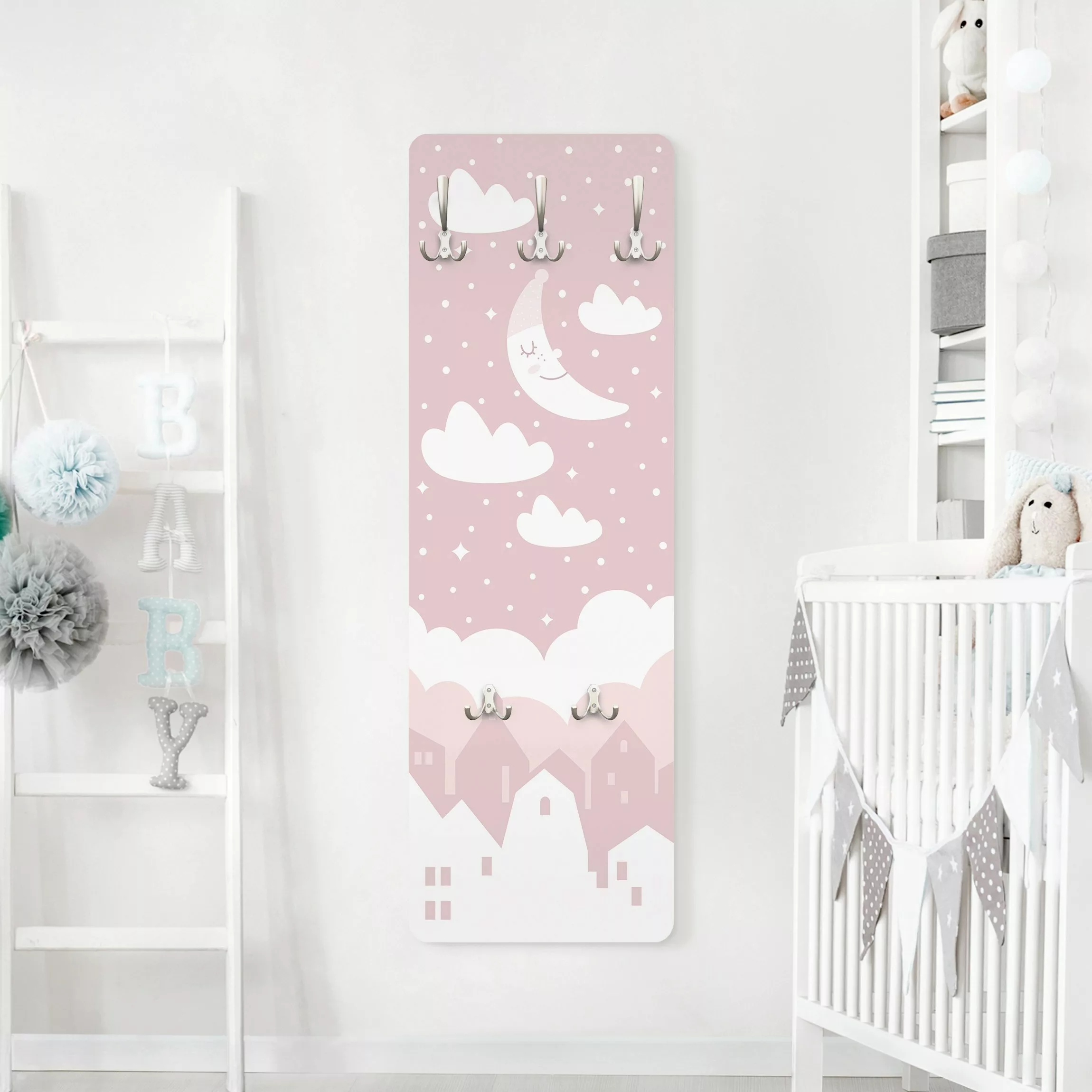 Wandgarderobe Holzpaneel Kinderzimmer Sternenhimmel mit Mond rosa günstig online kaufen