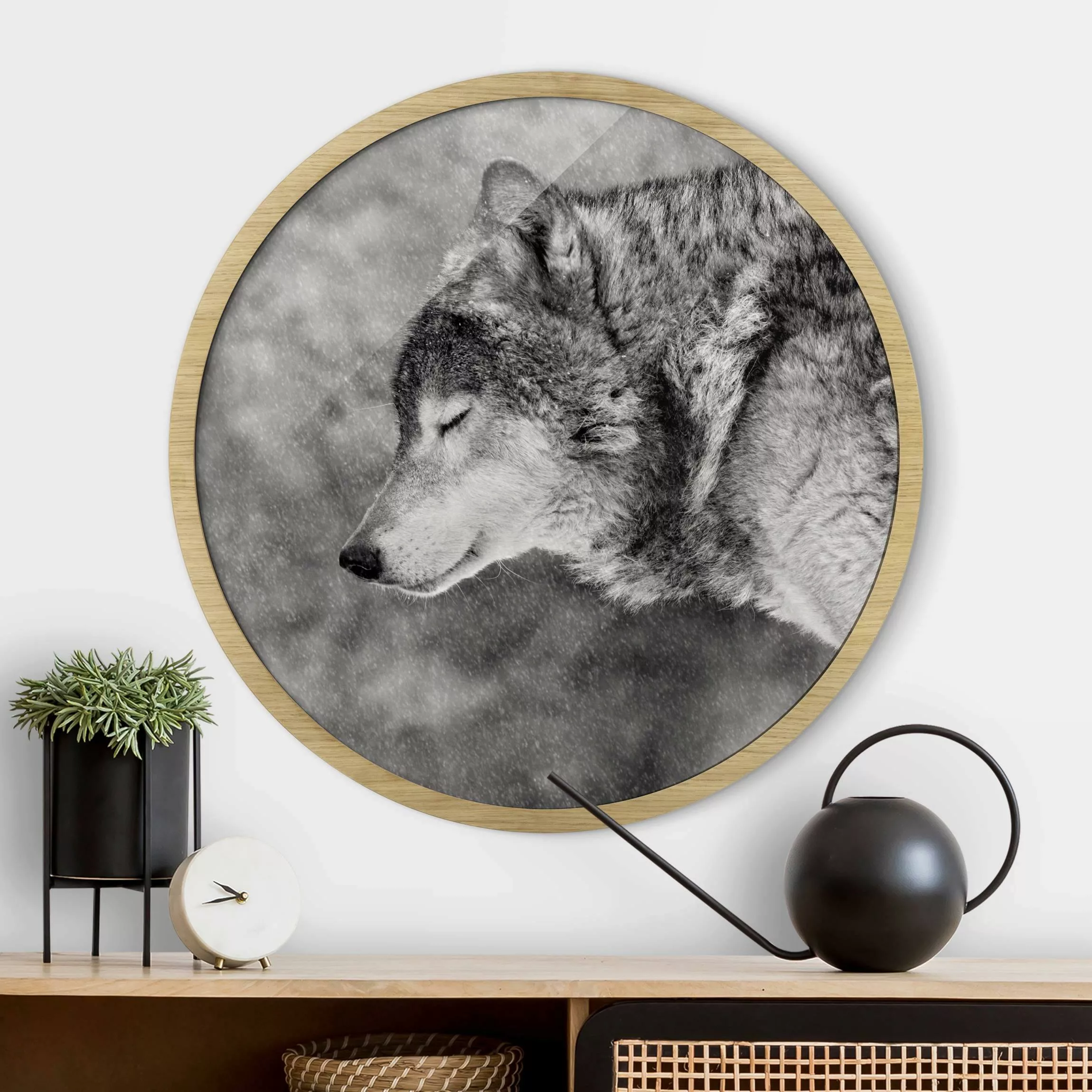 Rundes Gerahmtes Bild Winter Wolf günstig online kaufen