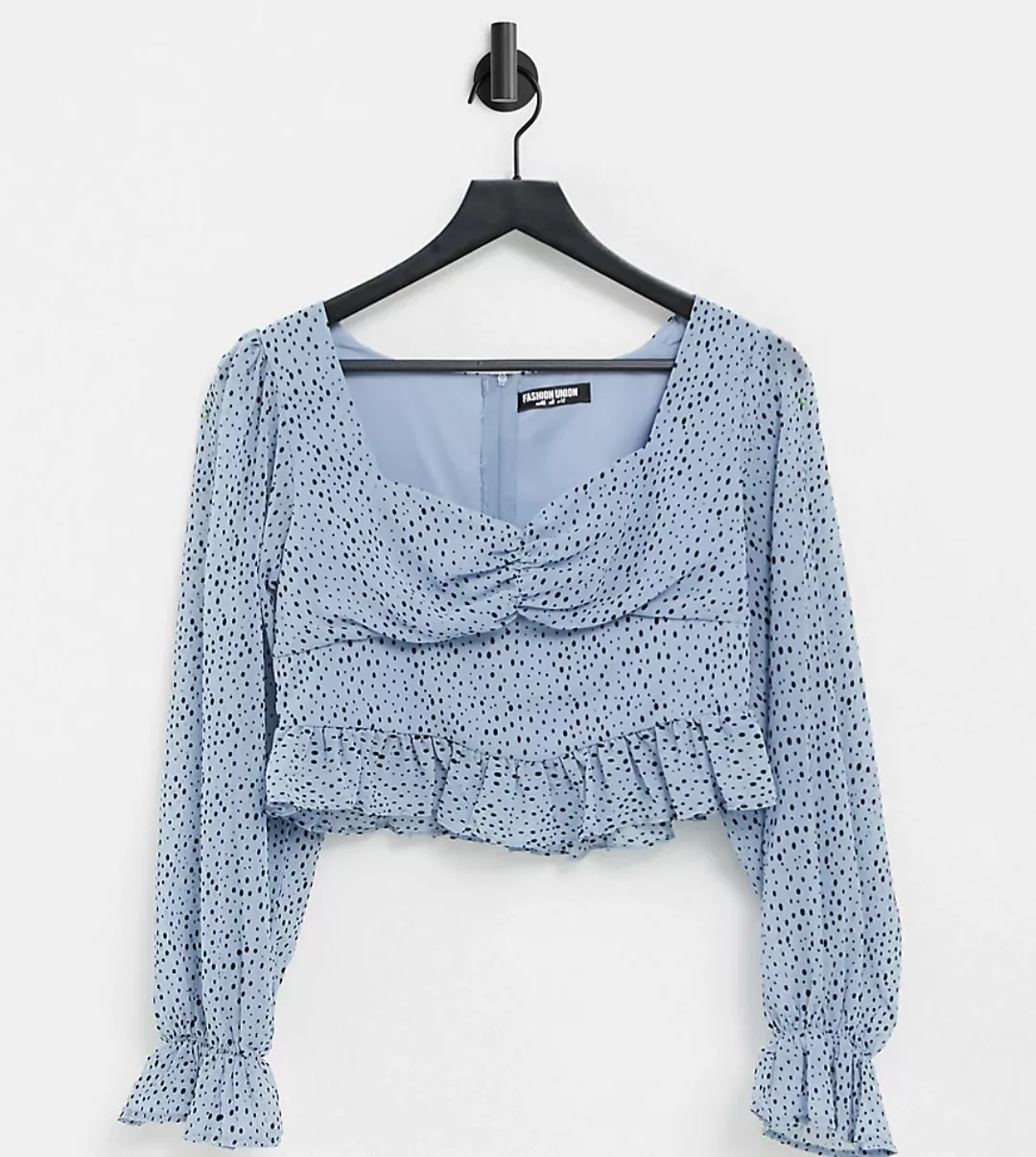 Fashion Union – Gepunktete Milchmädchen-Bluse mit Rüschenbordüre-Blau günstig online kaufen