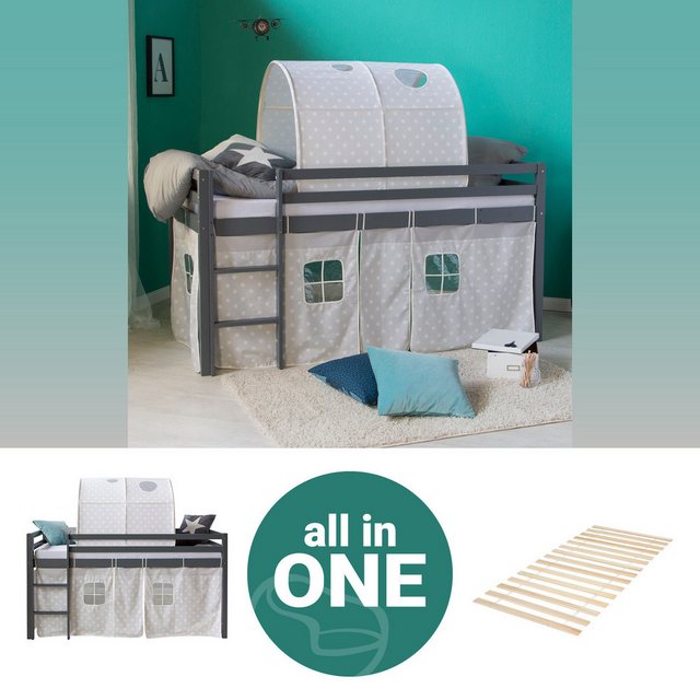 Homestyle4u Hochbett 90x200 cm Grau mit Vorhang Sterne Spielbett für 1 Kind günstig online kaufen
