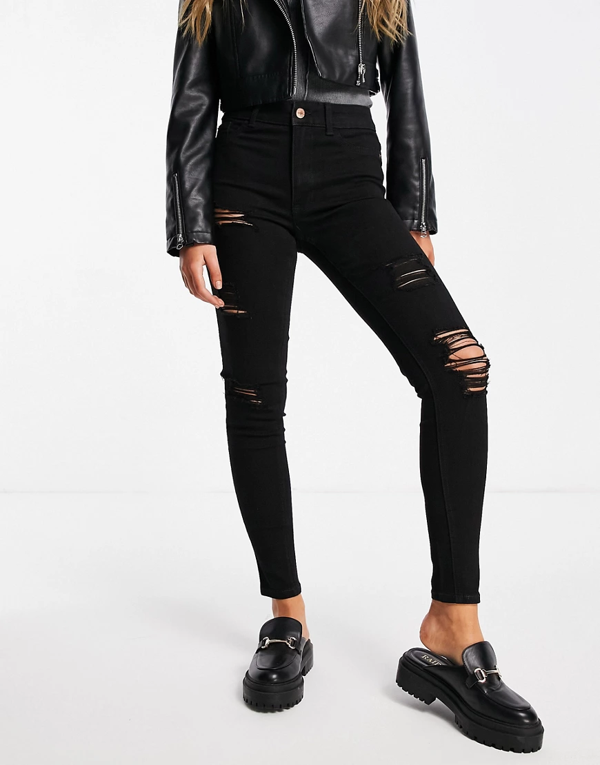 New Look – Jeans mit engem Schnitt und Zierrissen in Schwarz günstig online kaufen
