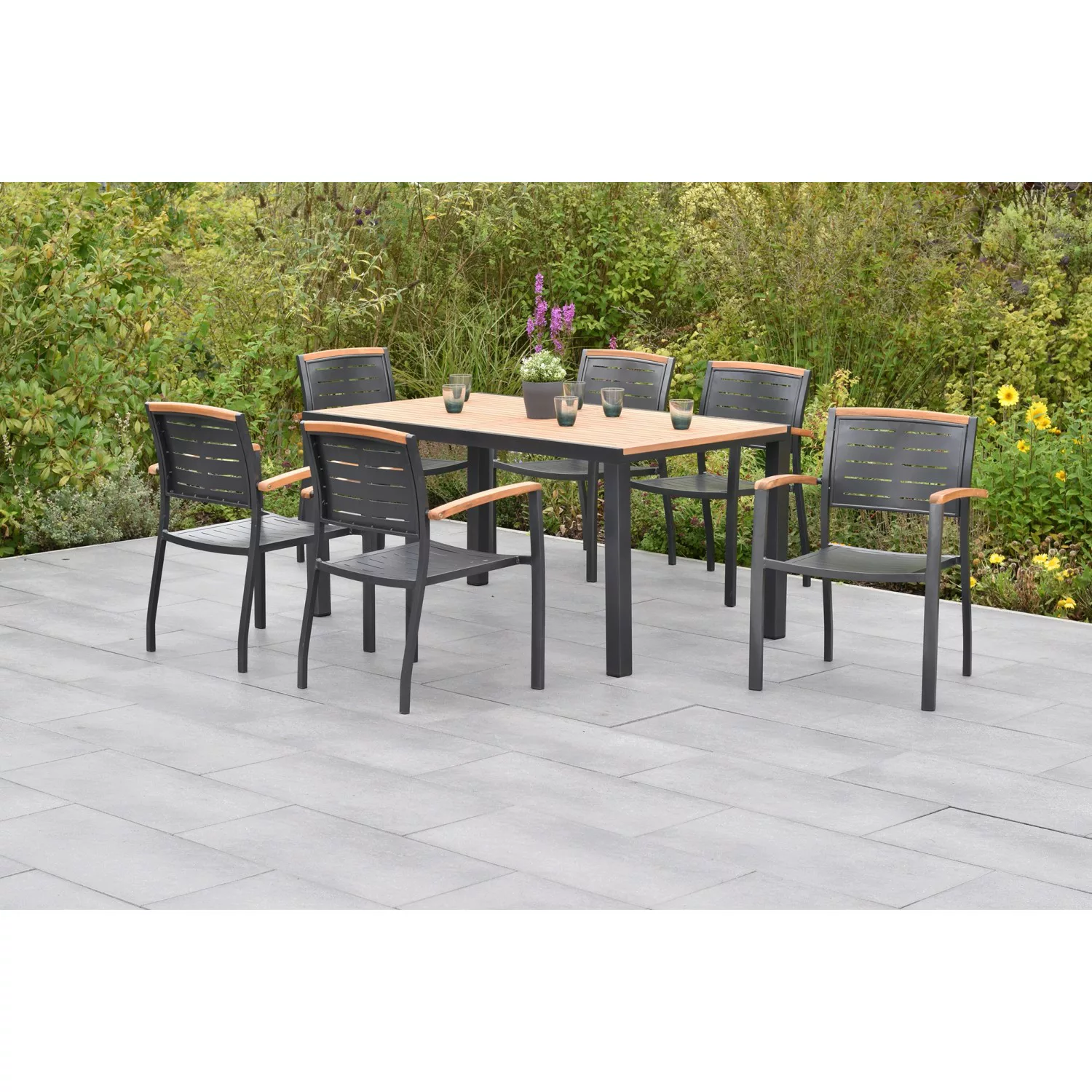 Merxx Gartenmöbelset Tinos 7tlg. Stapelsessel u. Tisch 150 x 90 cm günstig online kaufen