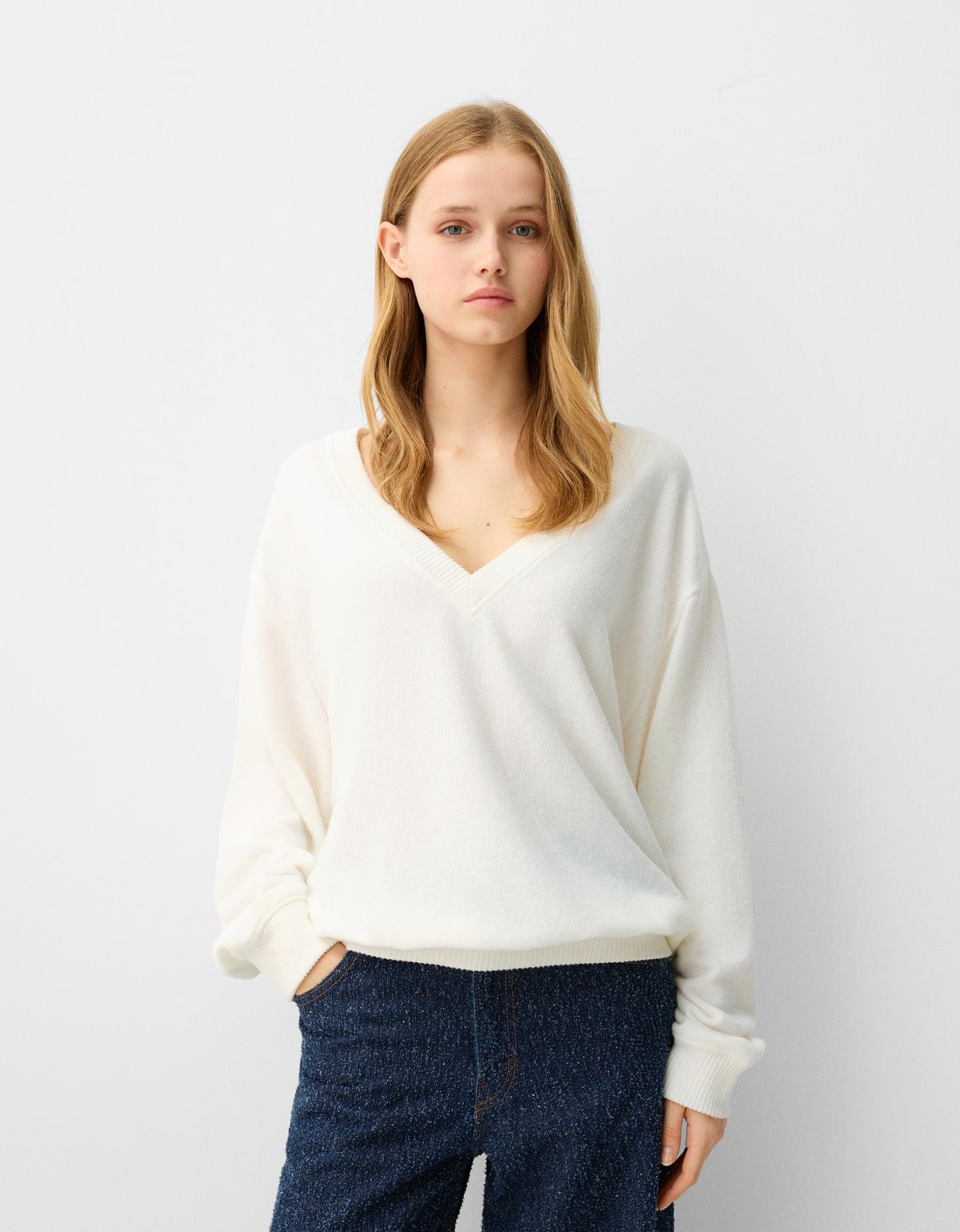 Bershka Oversize-Pullover Mit V-Ausschnitt Damen Xs Rohweiß günstig online kaufen