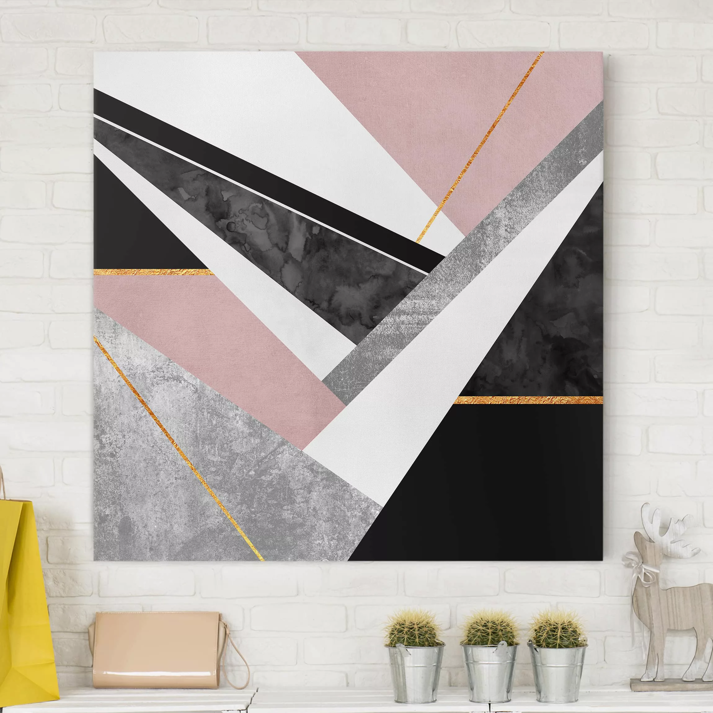 Leinwandbild Abstrakt - Quadrat Schwarz Weiß Geometrie mit Gold günstig online kaufen