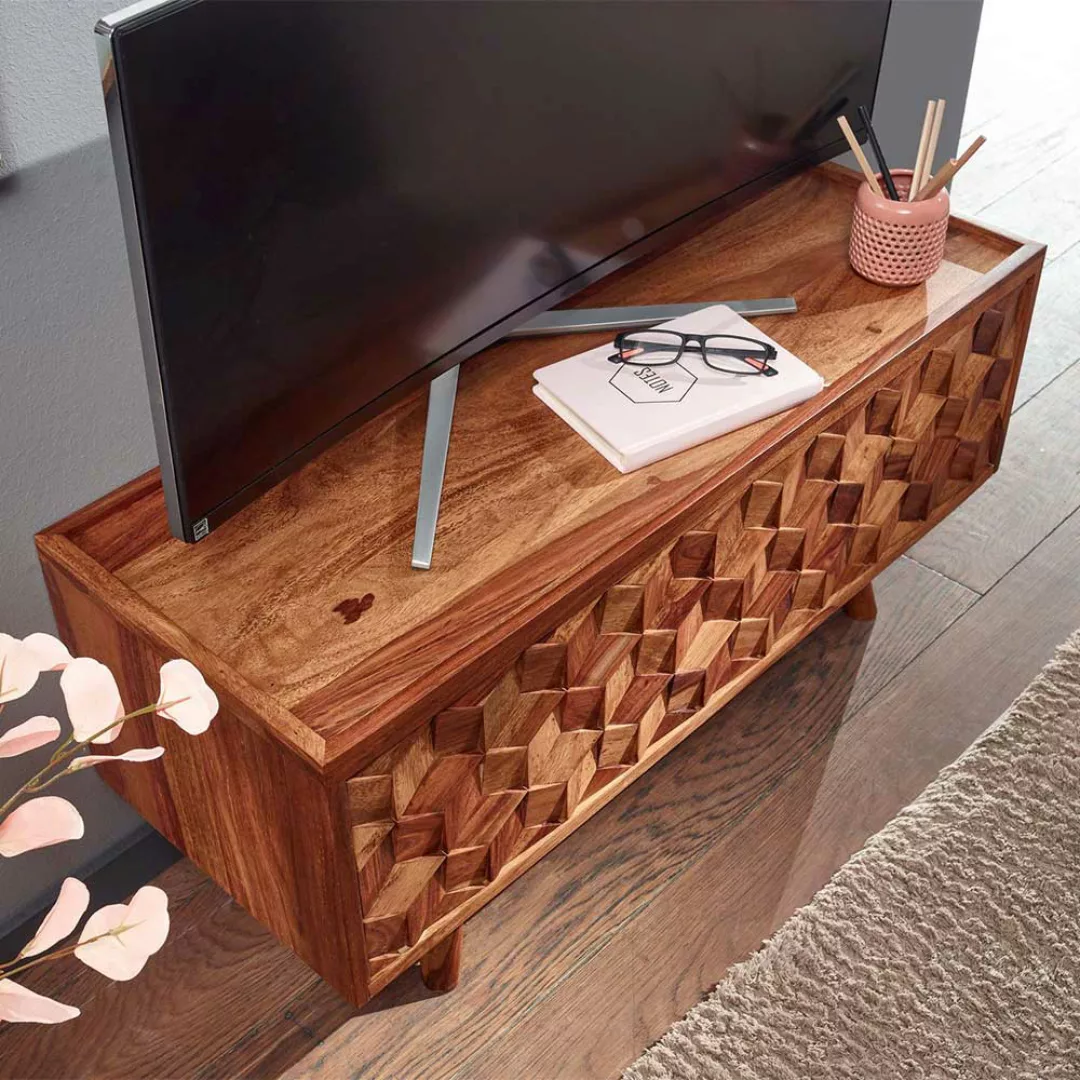 TV Lowboard mit 3D Holz Front Sheesham Massivholz günstig online kaufen