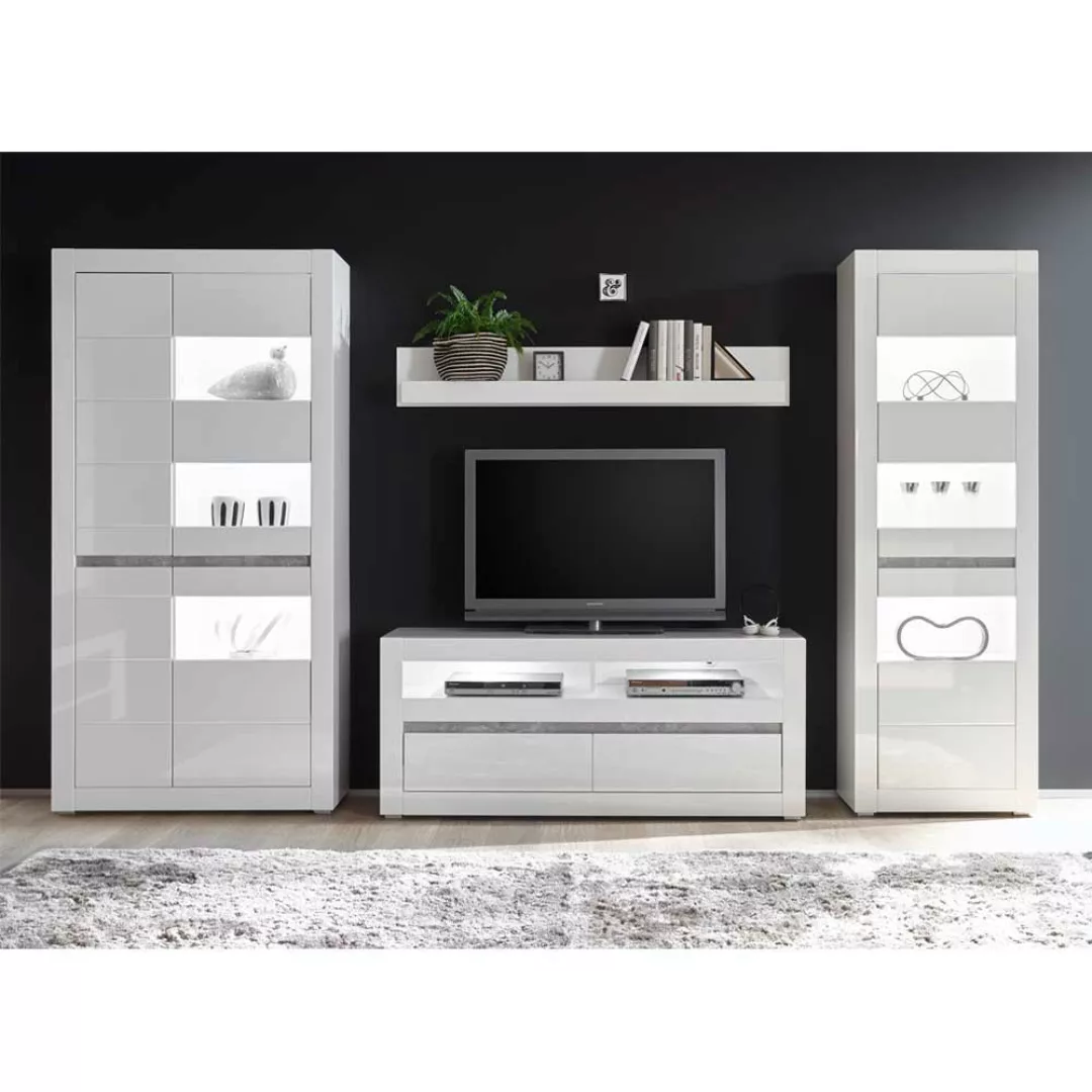 TV Anbauwand in Weiß Hochglanz und Beton Grau modern (vierteilig) günstig online kaufen