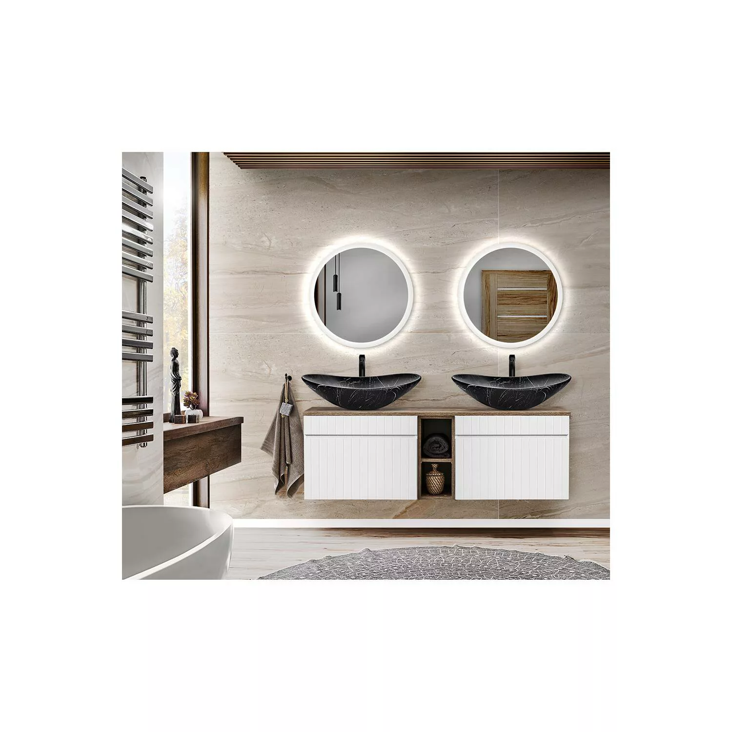 Badmöbel Waschplatz Set mit 2 Keramik Aufsatzwaschbecken, 2 LED Spiegel IRA günstig online kaufen
