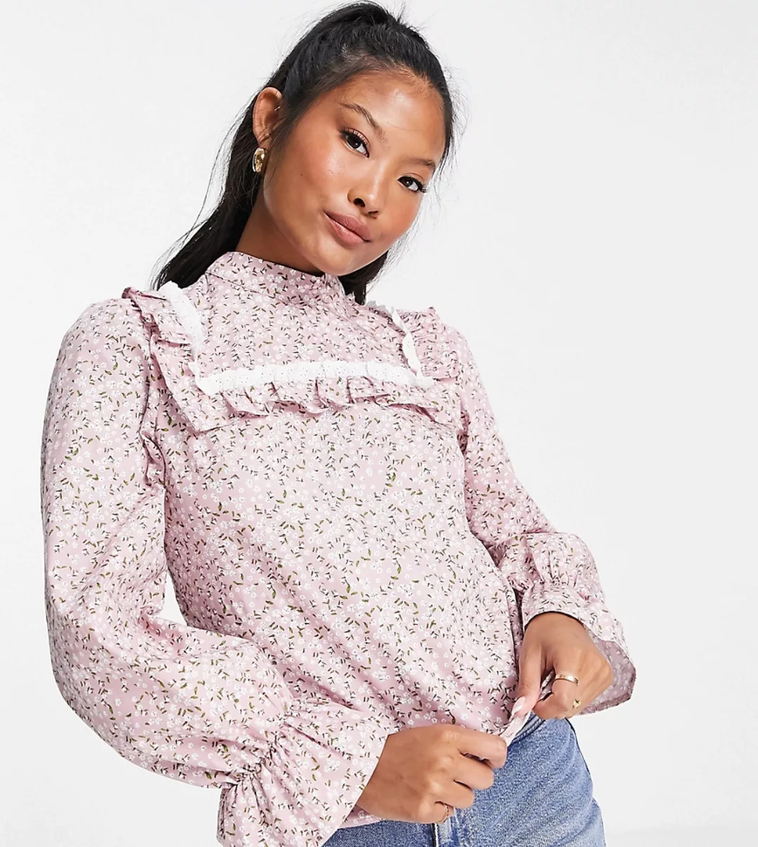 Miss Selfridge Petite – Victoriana – Bluse aus Popeline mit Blumenprint-Meh günstig online kaufen