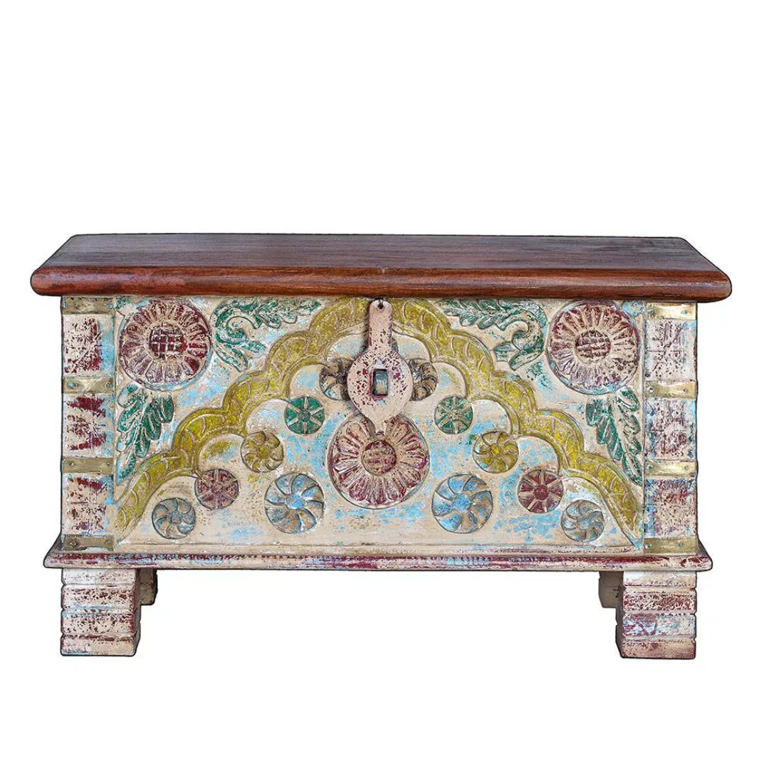 Truhe Deko Truhe aus Mangobaum Massivholz mit Blumen Motiv günstig online kaufen
