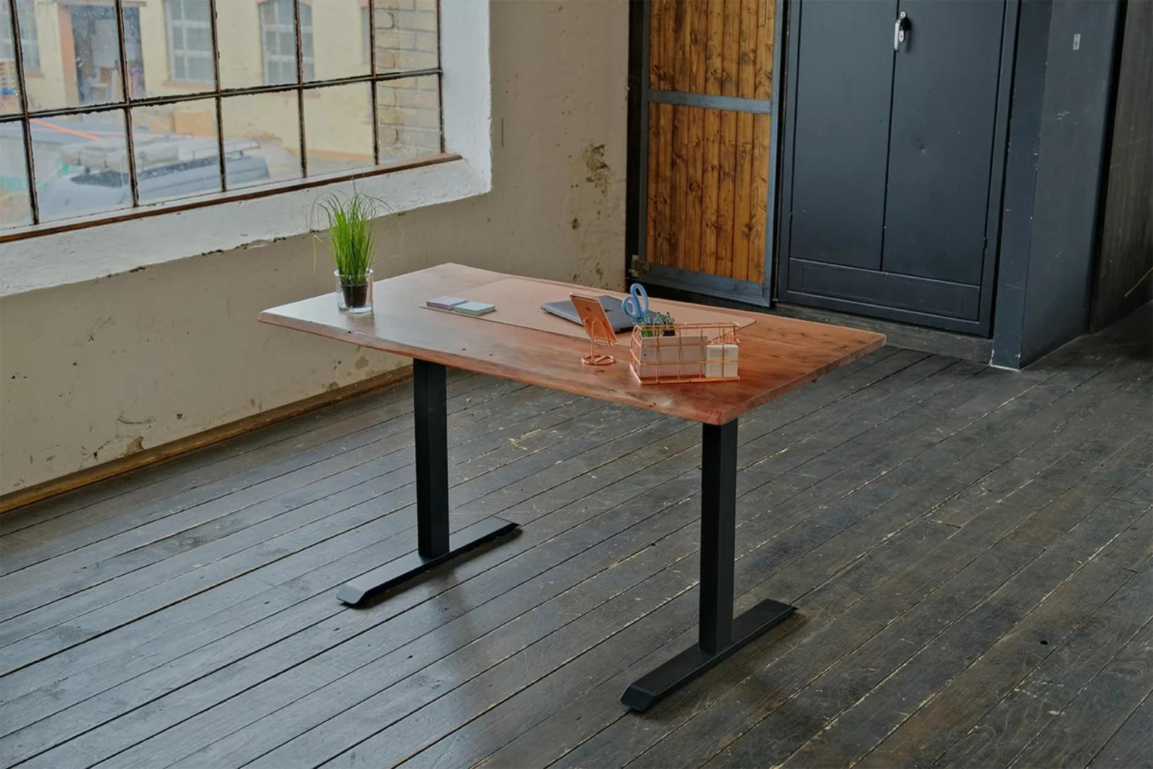 KAWOLA Schreibtisch LORA elektrisch höhenverstellbar mit Baumkante Nussbaum günstig online kaufen