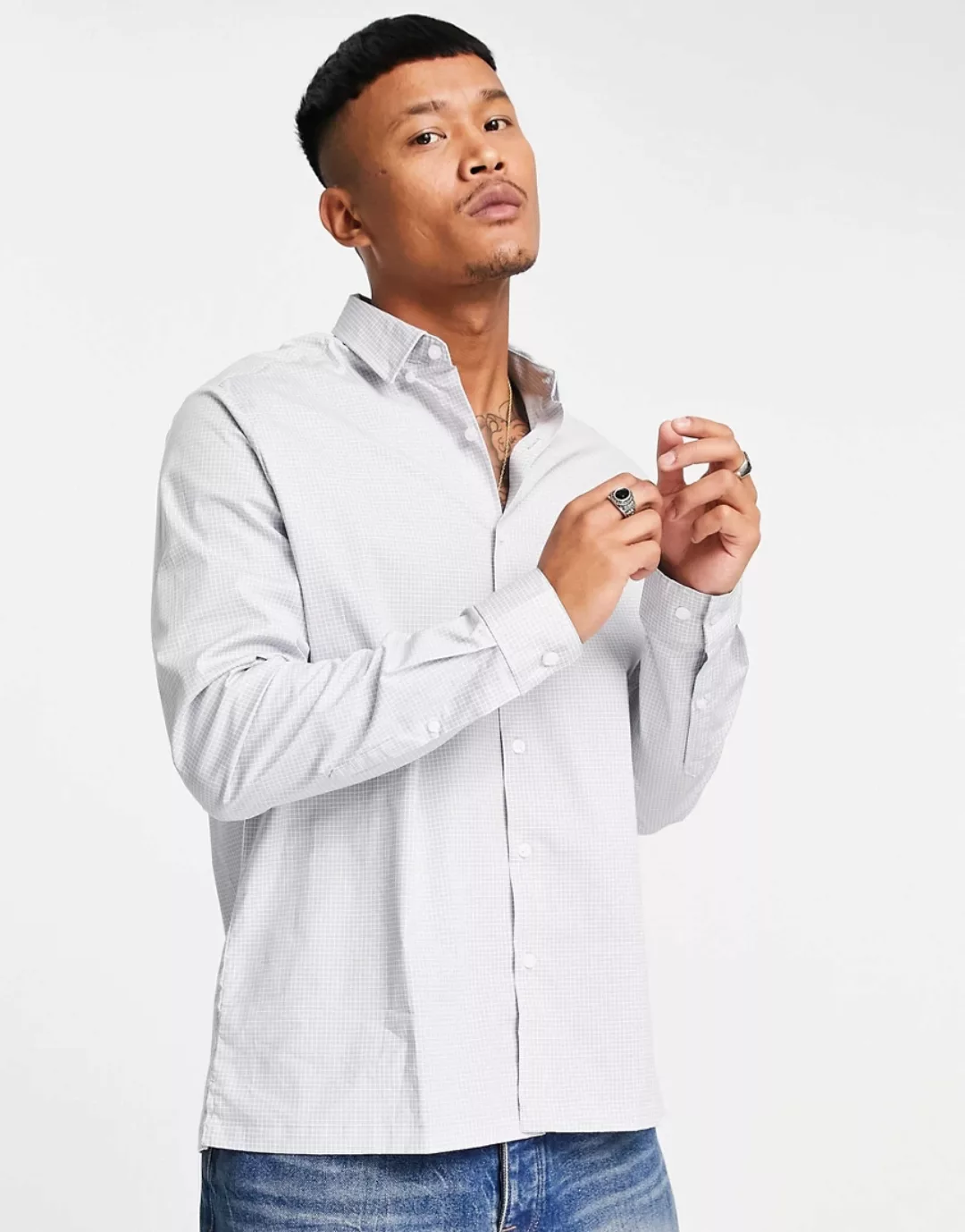 ASOS DESIGN – Legeres Hemd mit Mini-Karomuster in Grau günstig online kaufen