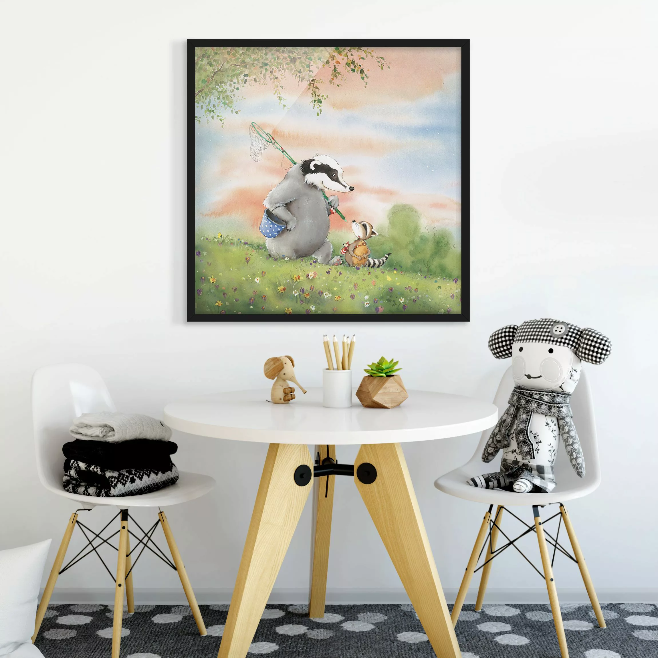 Bild mit Rahmen Kinderzimmer - Quadrat Wassili Waschbär - Wassili und Sibel günstig online kaufen