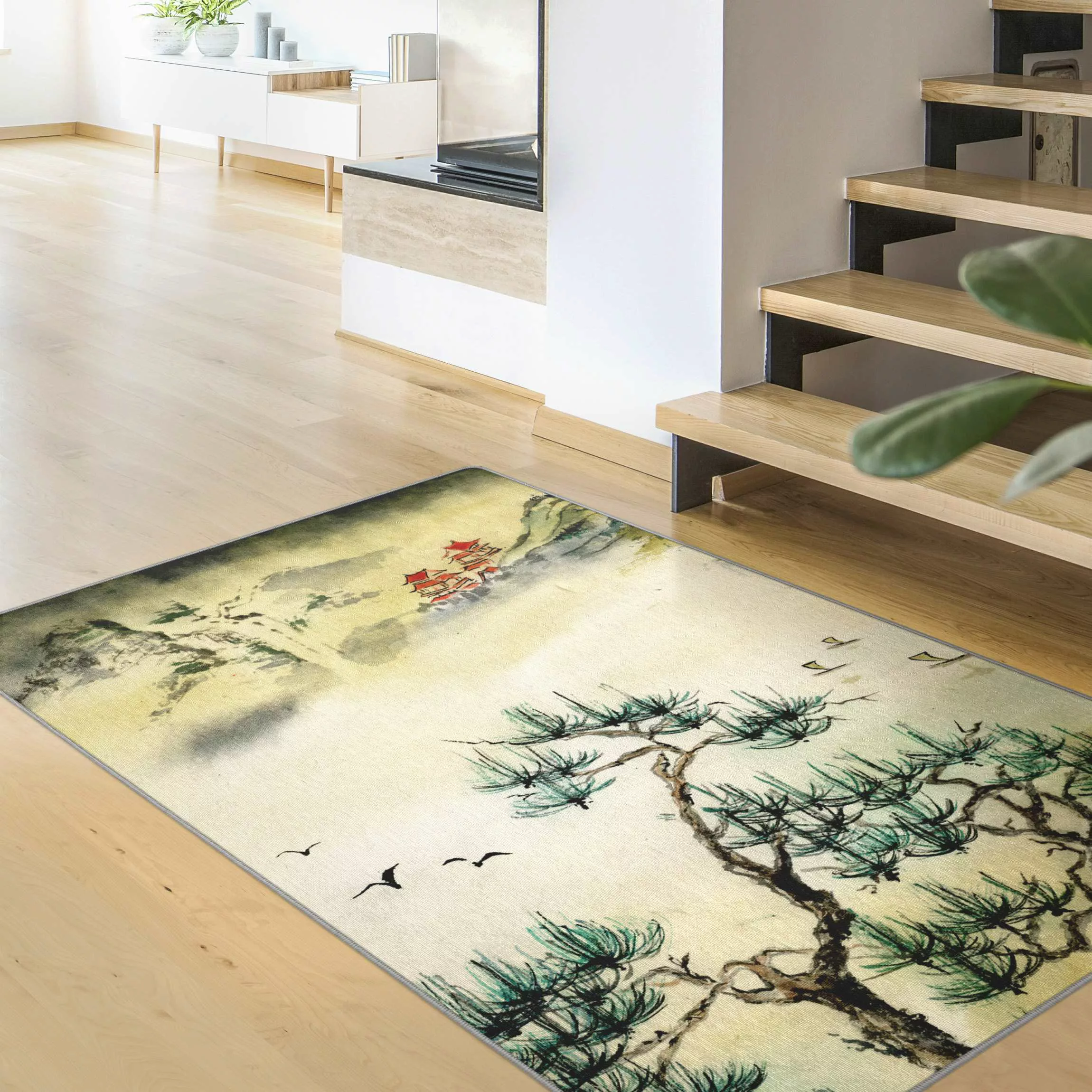 Teppich Japanische Aquarell Zeichnung Kiefer und Bergdorf günstig online kaufen