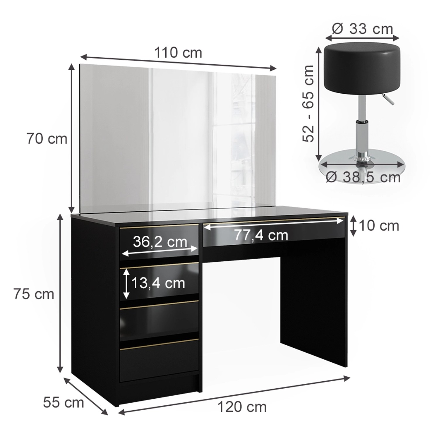 Vicco Schminktisch Sherry, Schwarz, 120 cm günstig online kaufen