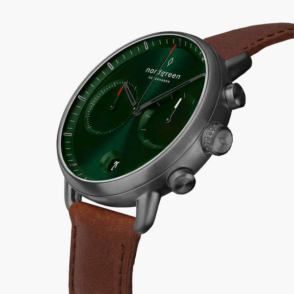 Chronograph Pioneer Anthrazit Uhr | Green Sunray Ziffernblatt - Lederarmban günstig online kaufen