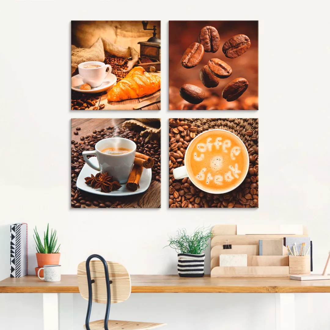 Artland Glasbild "Kaffeetasse Croissant Kaffeebohnen", Getränke, (4 St.) günstig online kaufen