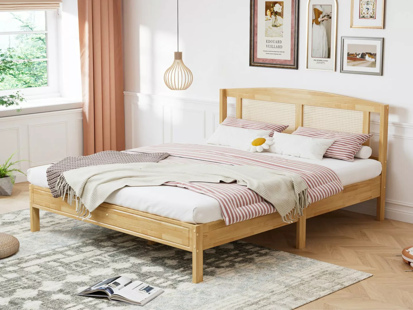 SeedWave Massivholzbett Doppelbett mit Rattan Bettkopfteil, Holzbett, Latte günstig online kaufen