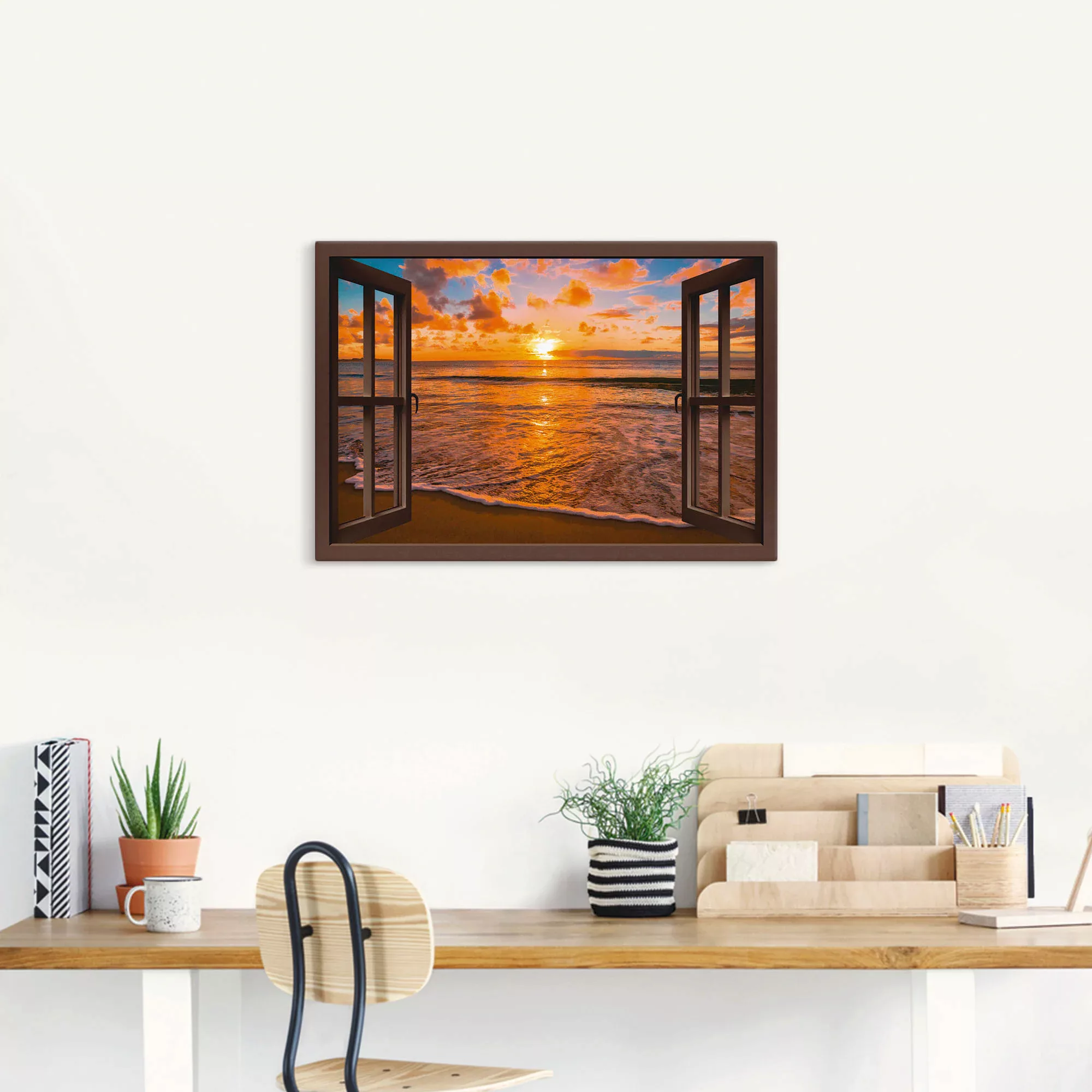 Artland Wandbild »Fensterblick Sonnenuntergang am Strand«, Sonnenaufgang & günstig online kaufen