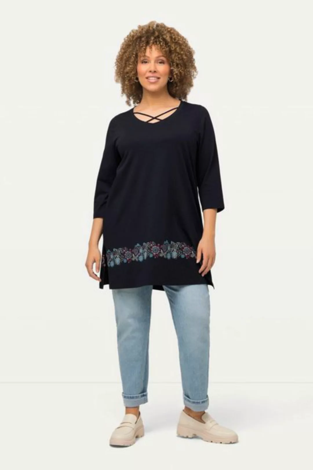 Ulla Popken Longshirt Shirt Zierbänder A-Linie V-Ausschnitt 3/4-Arm günstig online kaufen