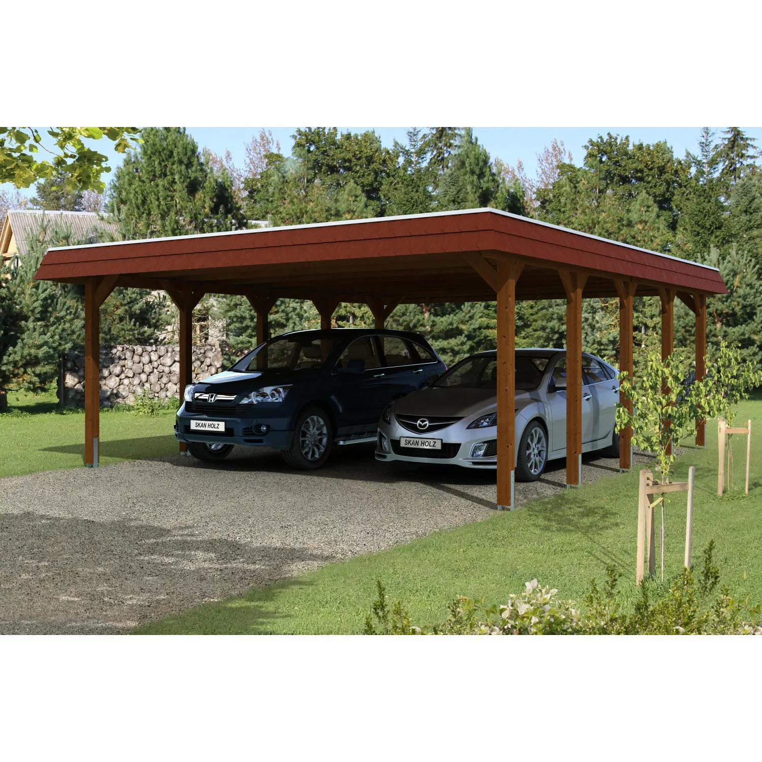 Skan Holz Carport Spreewald 585 cm x 741 cm rote Blende Nussbaum günstig online kaufen