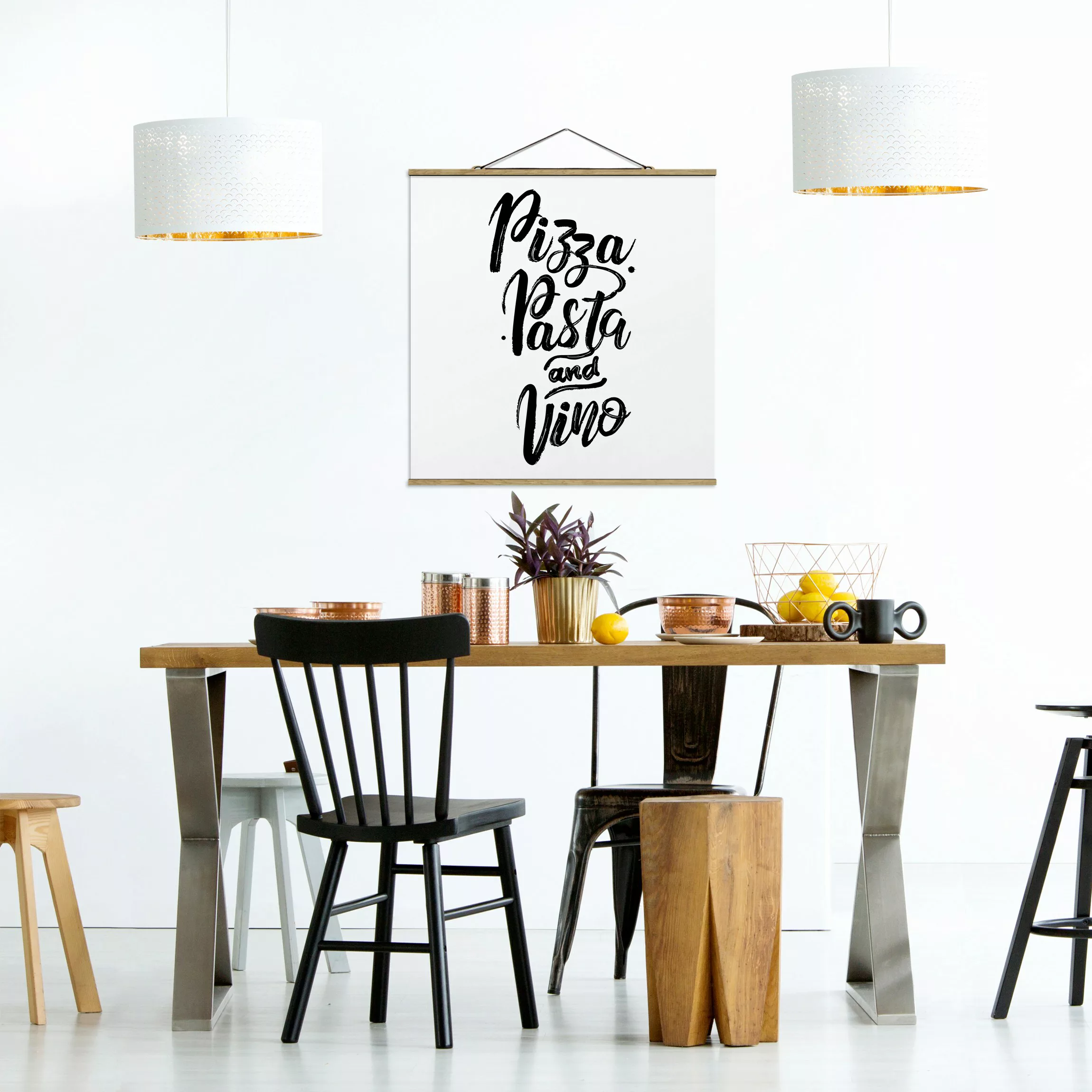 Stoffbild Spruch mit Posterleisten - Quadrat Pizza Pasta und Vino günstig online kaufen