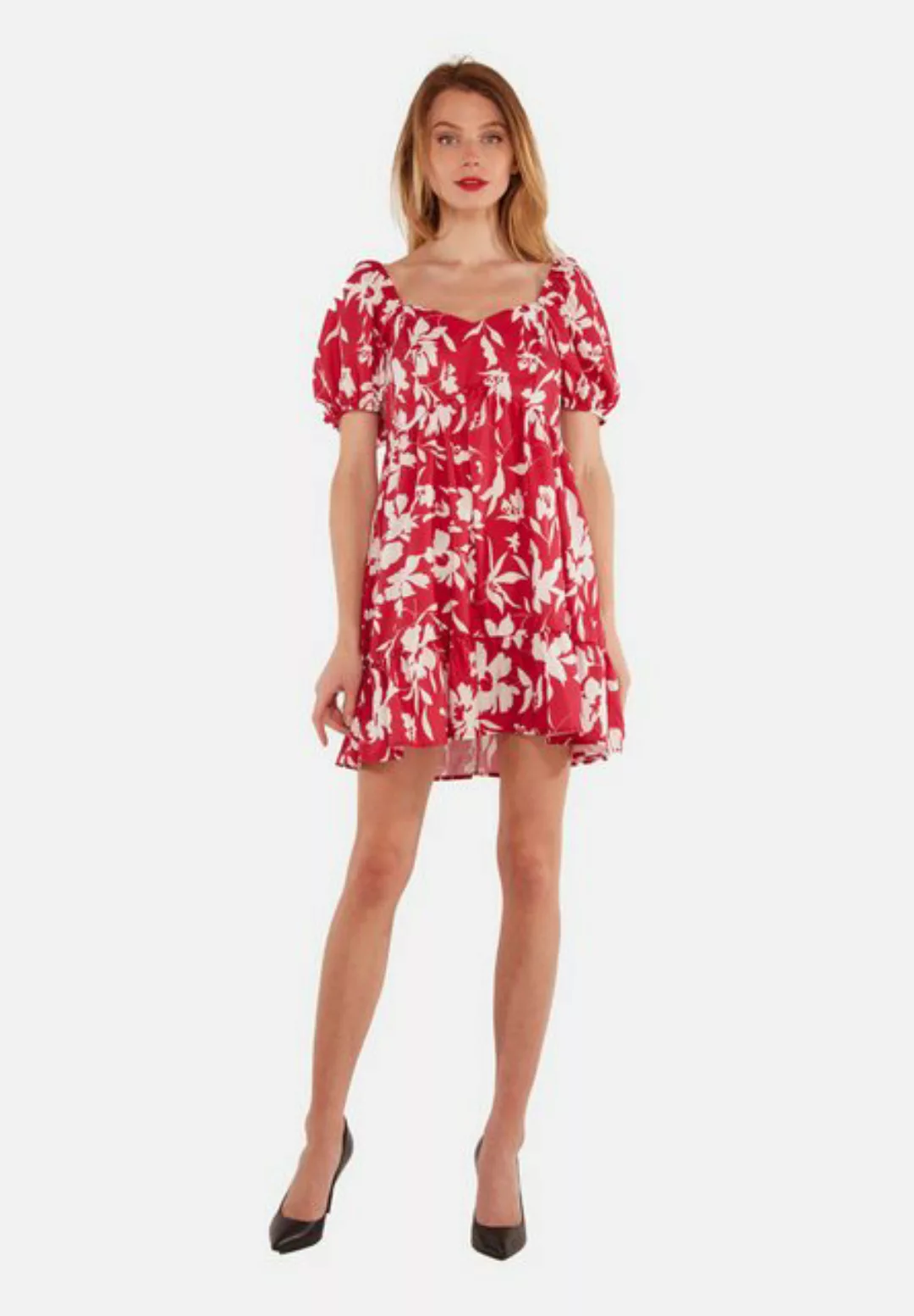 Tooche Sommerkleid Rot/Weiss Flower Rückenfrei mit Ballonärmel günstig online kaufen