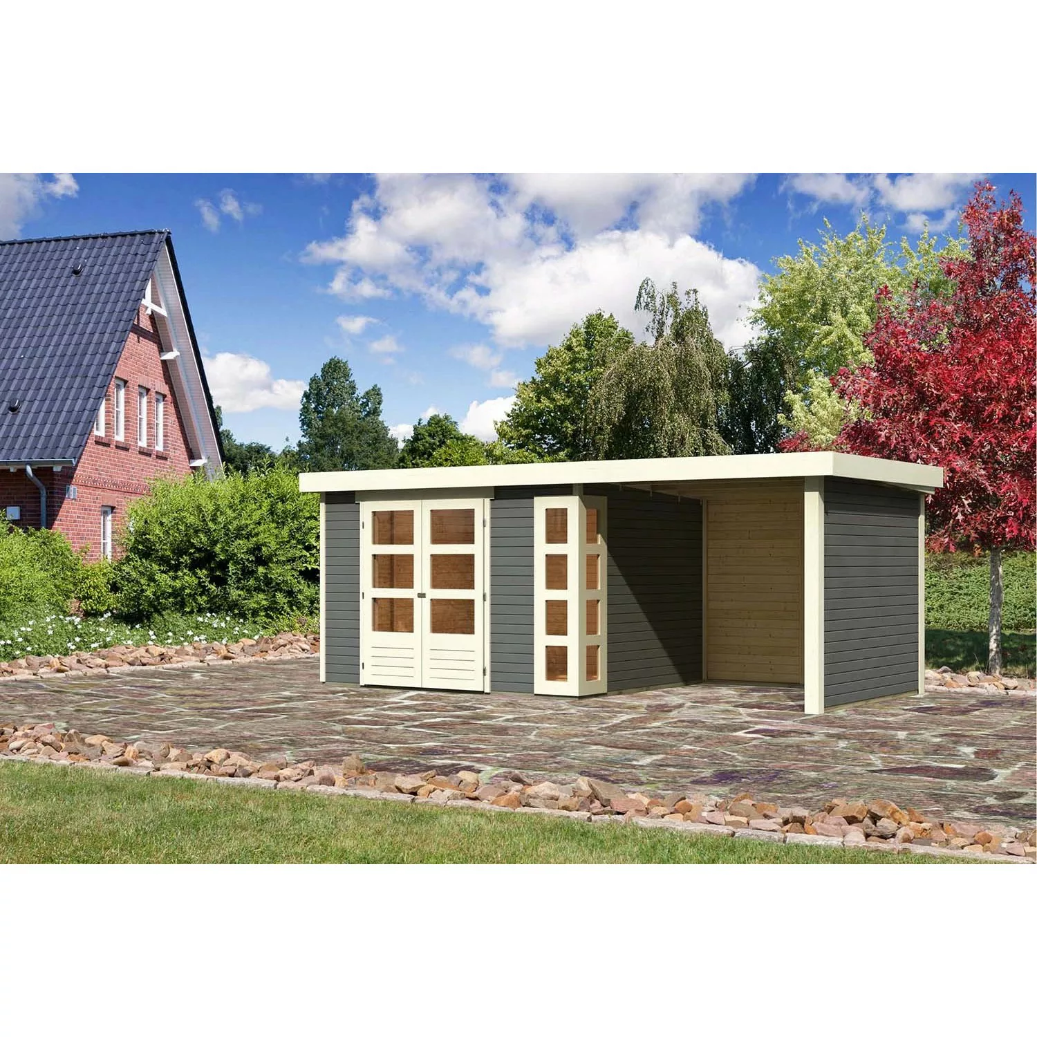 Karibu Holz-Gartenhaus Sölve Terragrau Flachdach Lackiert 298 cm x 242 cm günstig online kaufen