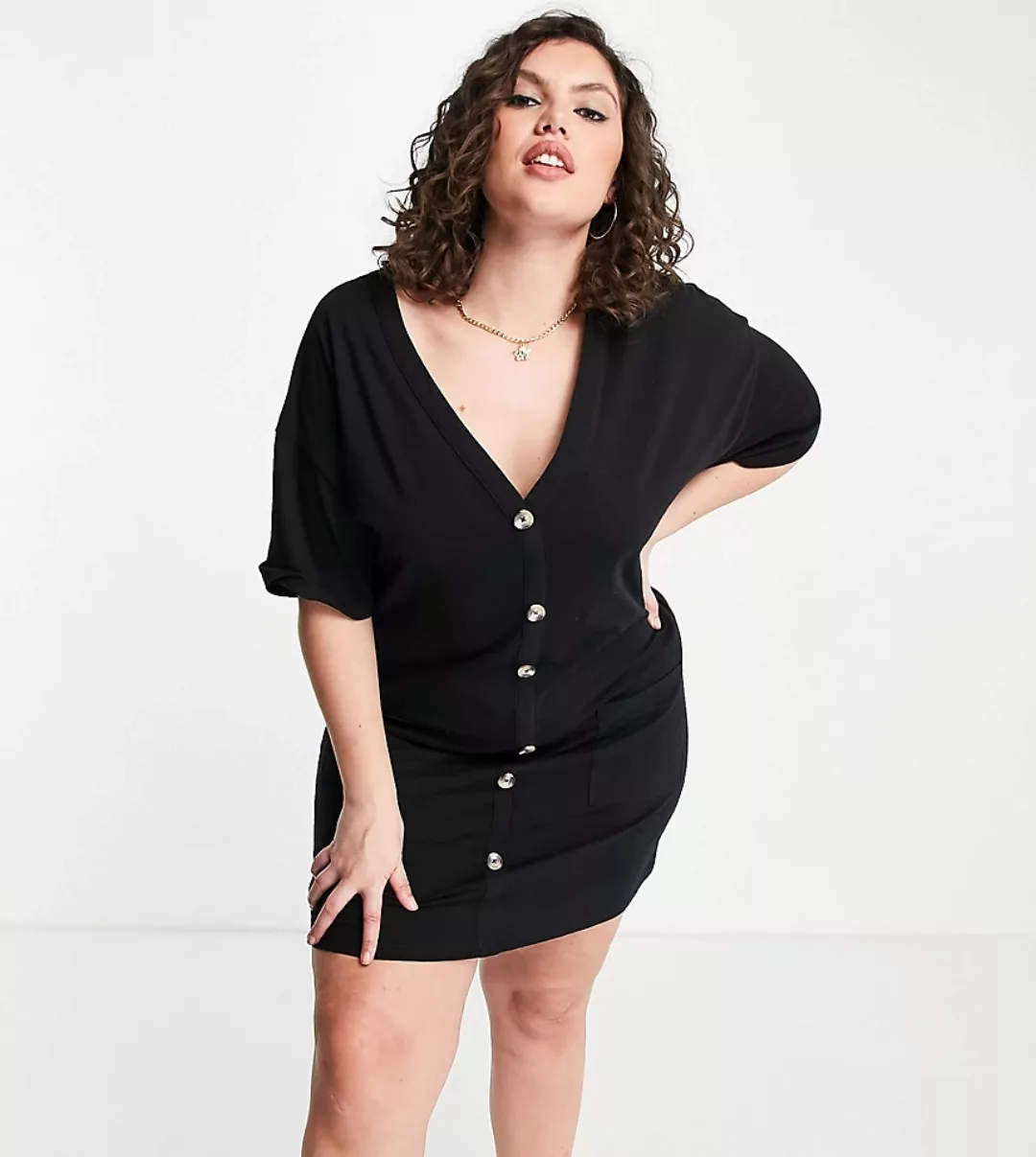 ASOS DESIGN Curve – T-Shirt-Kleid in Schwarz mit Knopfleiste günstig online kaufen