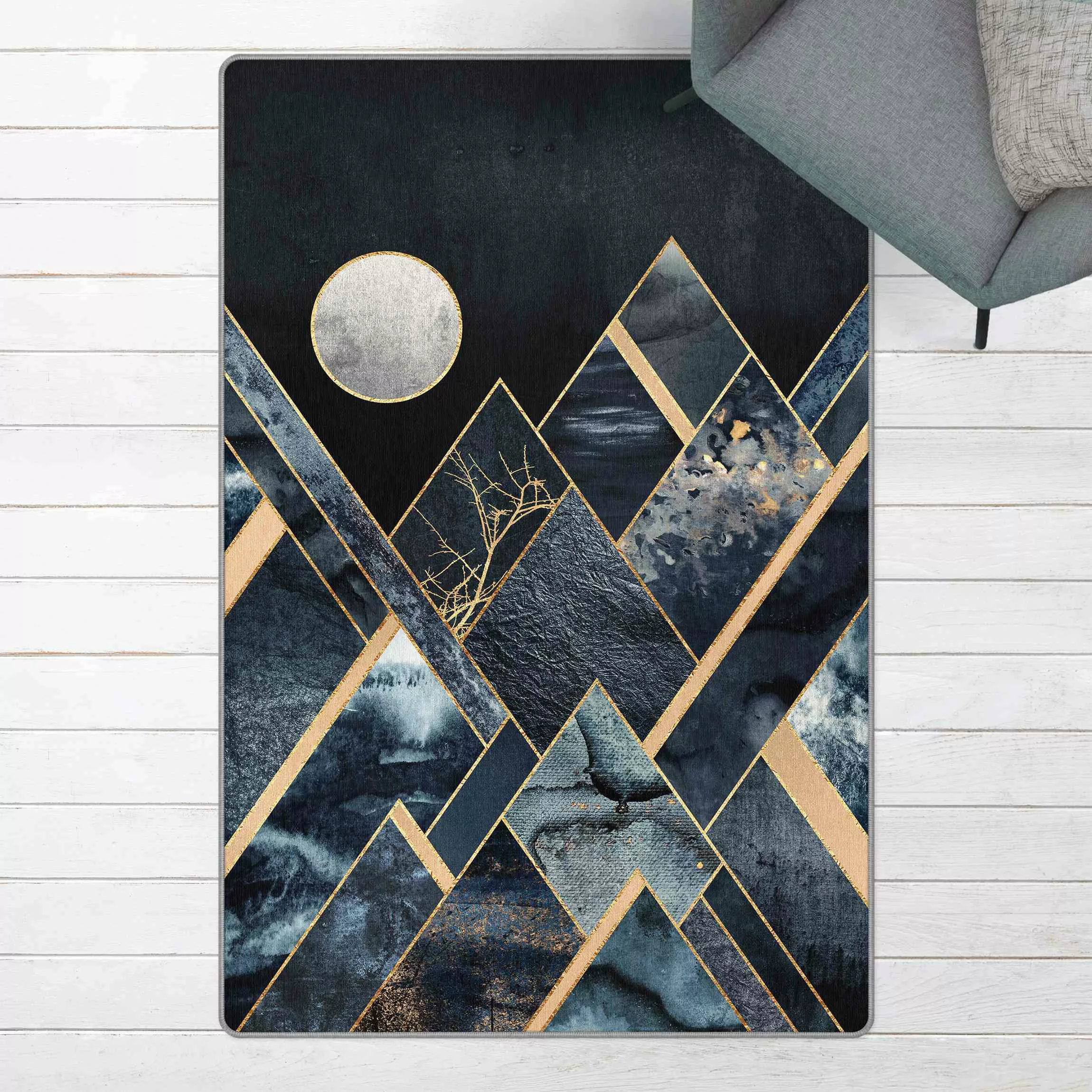 Teppich Goldener Mond abstrakte schwarze Berge günstig online kaufen