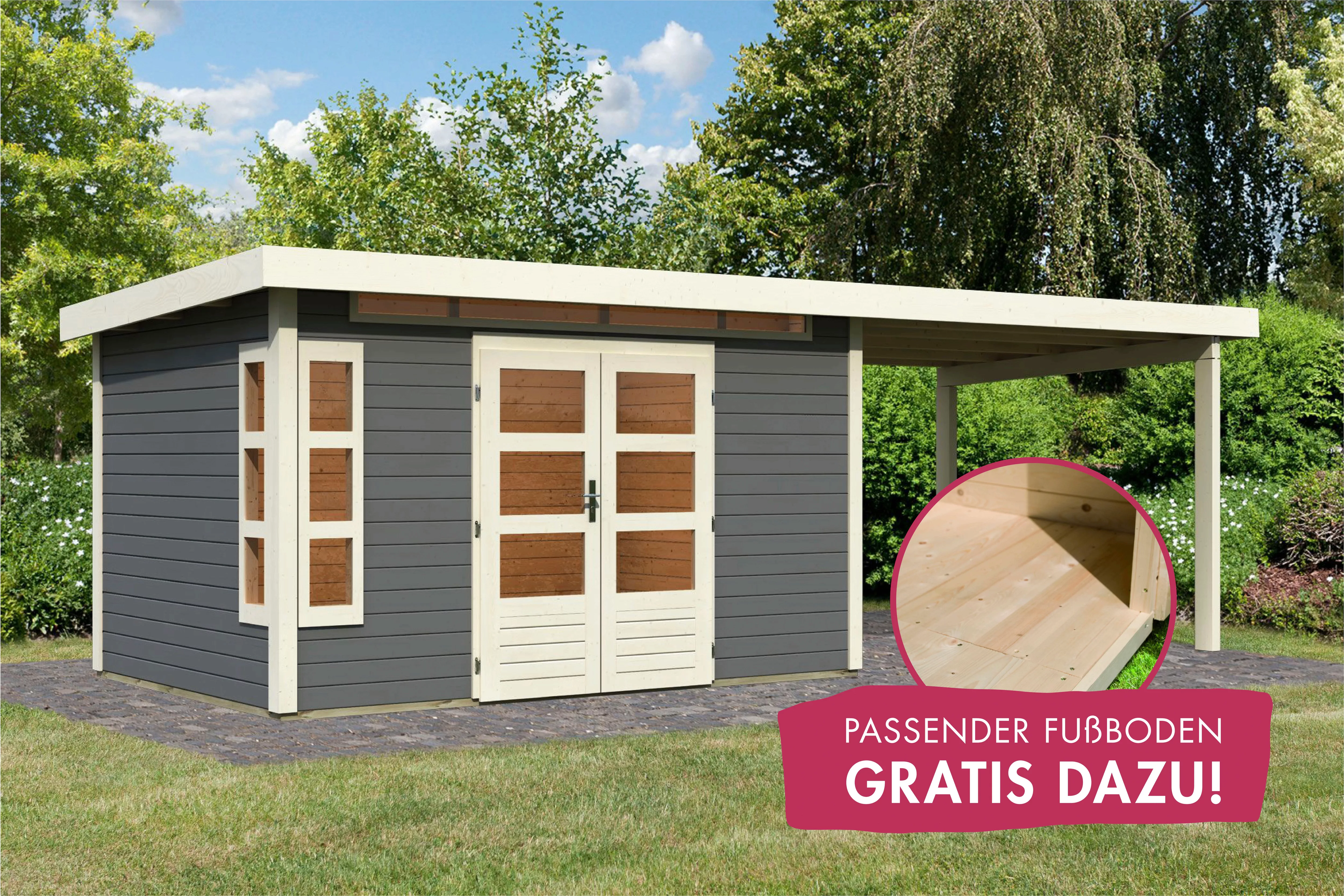 Karibu Gartenhaus "Kolimasee 7", (Set), mit Anbaudach 3,2 m, terragrau günstig online kaufen