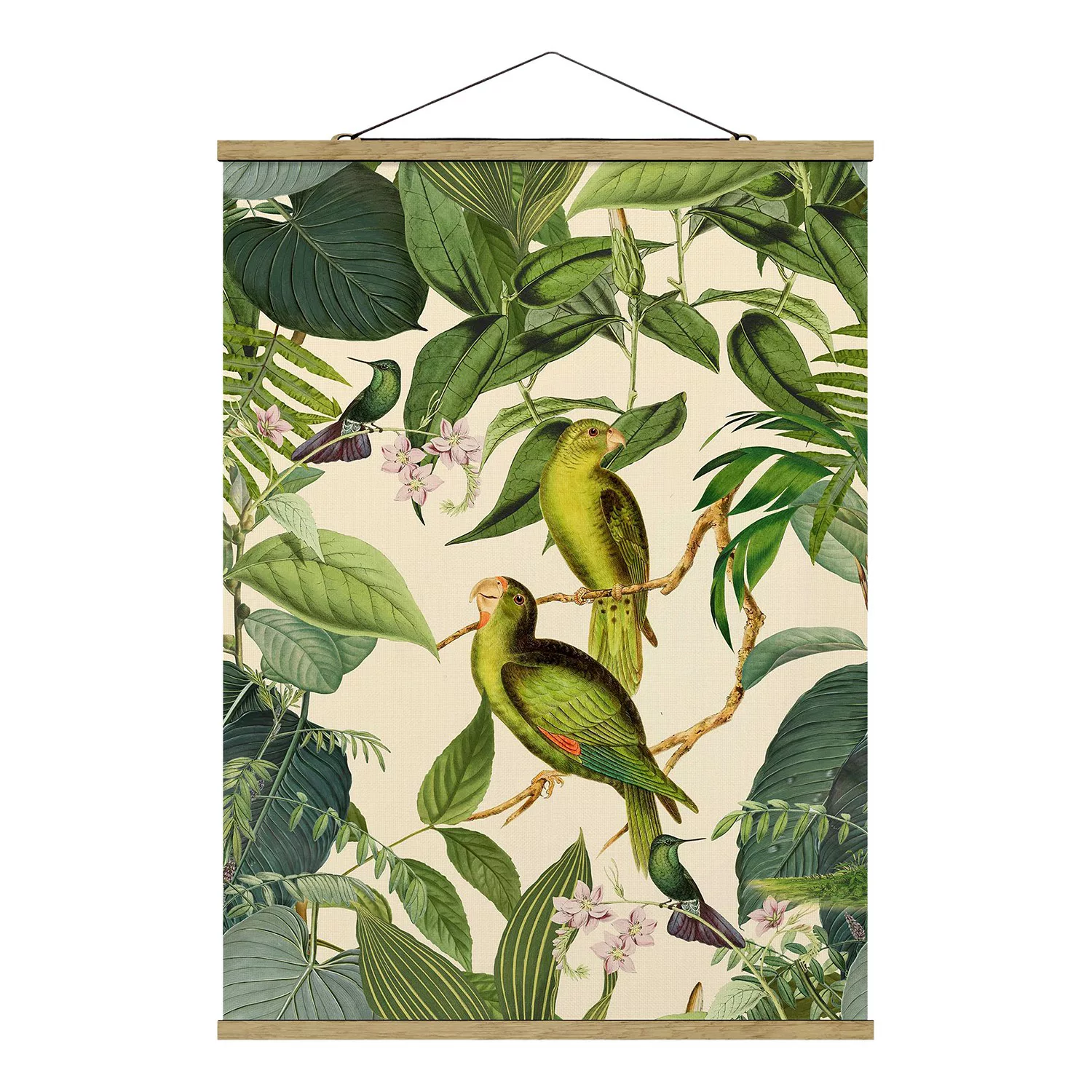 Stoffbild Blumen mit Posterleisten - Hochformat Vintage Collage - Papageien günstig online kaufen
