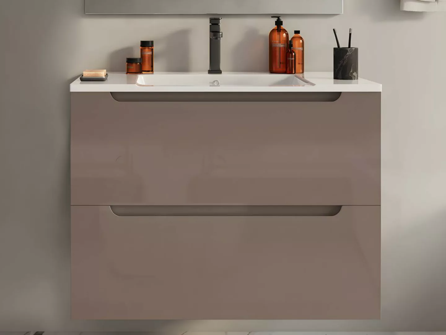 Waschbeckenunterschrank hängend mit Einzelwaschbecken - 80 cm - Taupe - STE günstig online kaufen